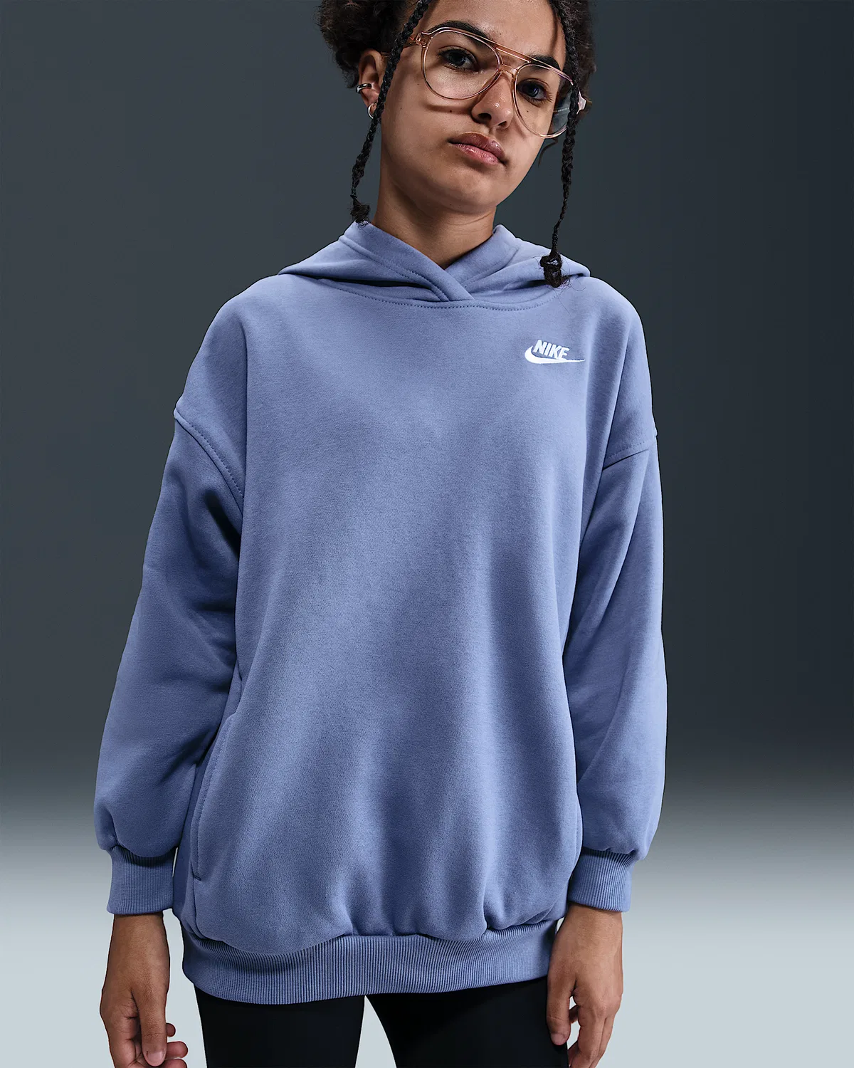 Детский оверсайз худи Nike Sportswear Club Fleece, World Indigo/World Indigo/White — фото 2