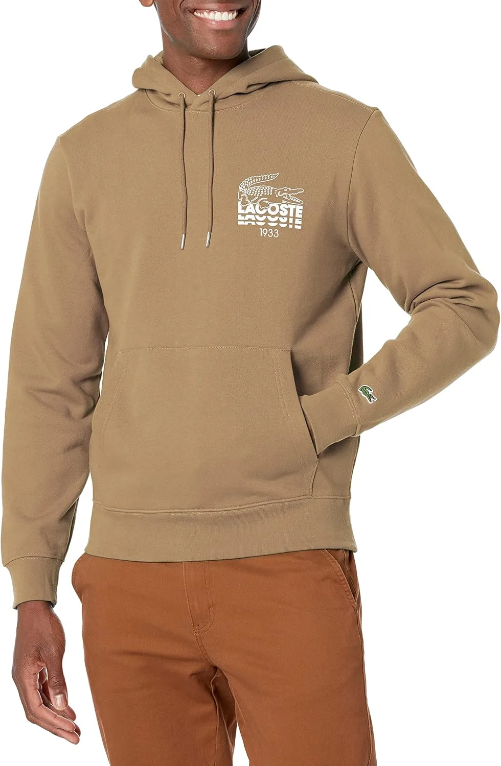 Толстовка Lacoste мужская с капюшоном, хлопковый флис, логотип Crocodile, Лиственный
