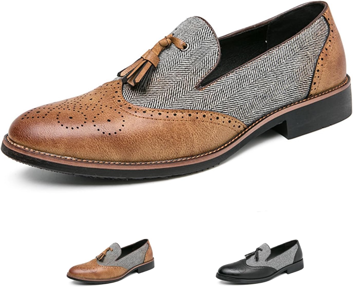 

Мужские лоферы с кисточками и двухцветной заплаткой, слипоны, модные, ручная прошивка, кожаная резьба, перфорированные броги, оксфорды, заостренный носок, низкие, роскошные, деловые, формальные туфли Zeberfi, коричневый