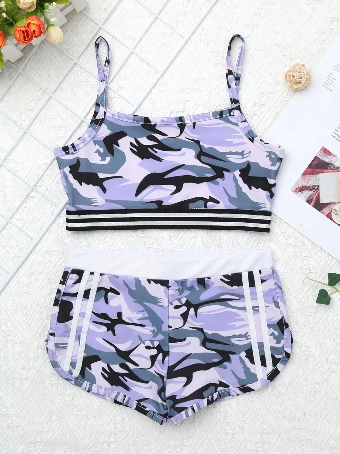 Детский спортивный костюм с вышивкой снежинки Alvivi, топ и шорты, Camo Purple — фото 3