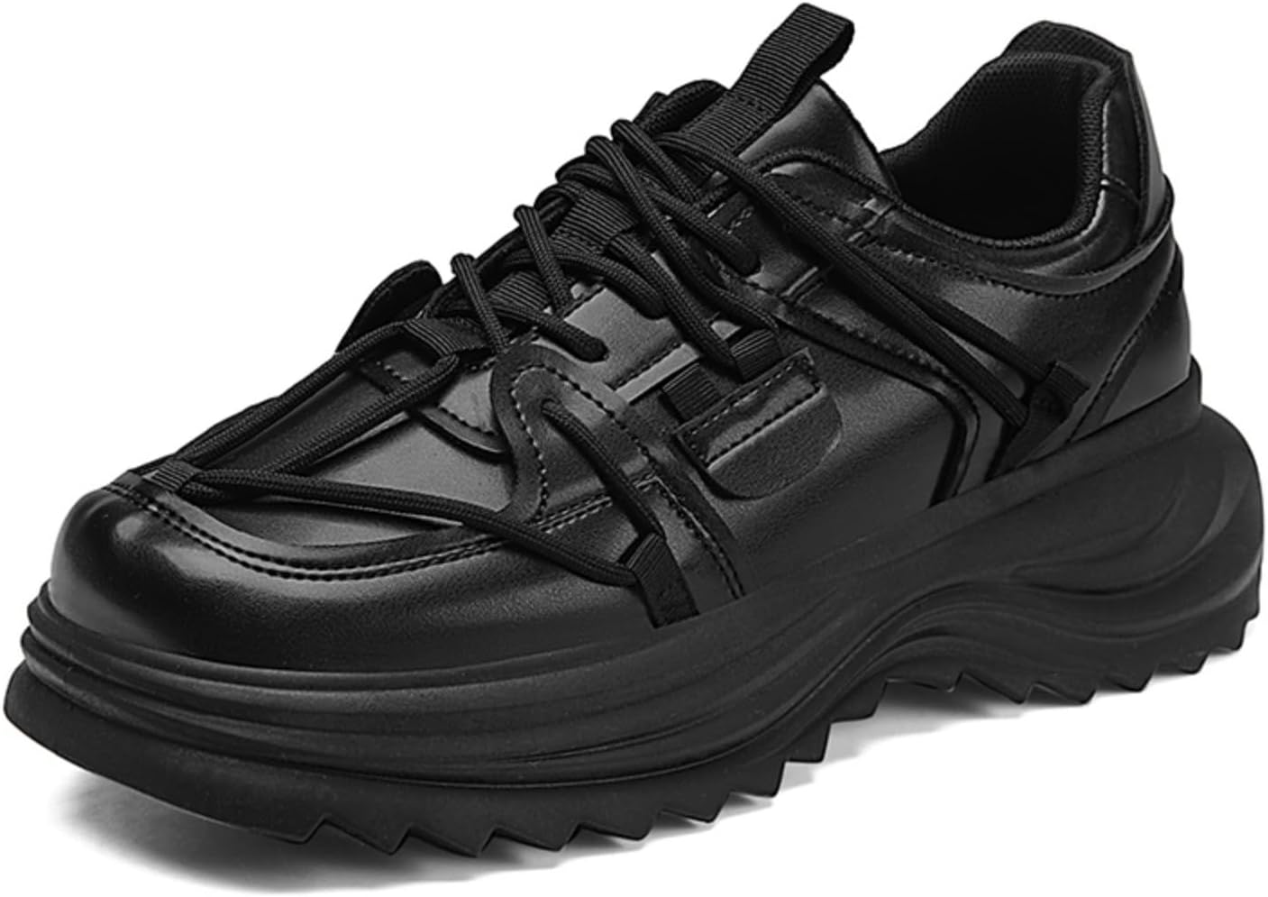 

Мужские черные кожаные кроссовки на платформе с толстой подошвой, противоскользящий дизайн - прочная резиновая подошва, сложная шнуровка для повседневного уличного стиля и легкого спорта Kelibasi