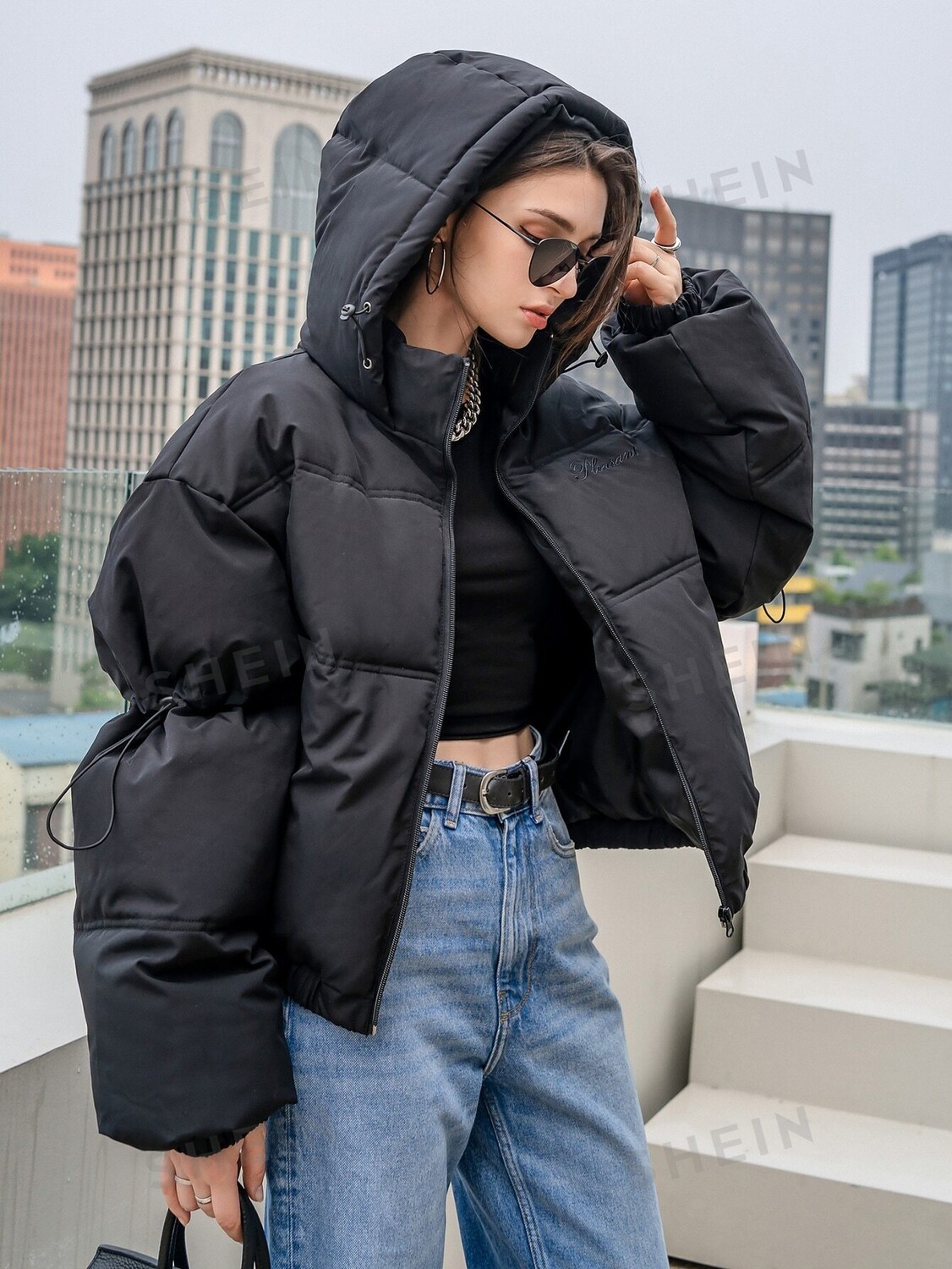 

Пальто Kpop, однотонный цвет, застежка-молния, толстый пуховый капюшон Dazy, черный