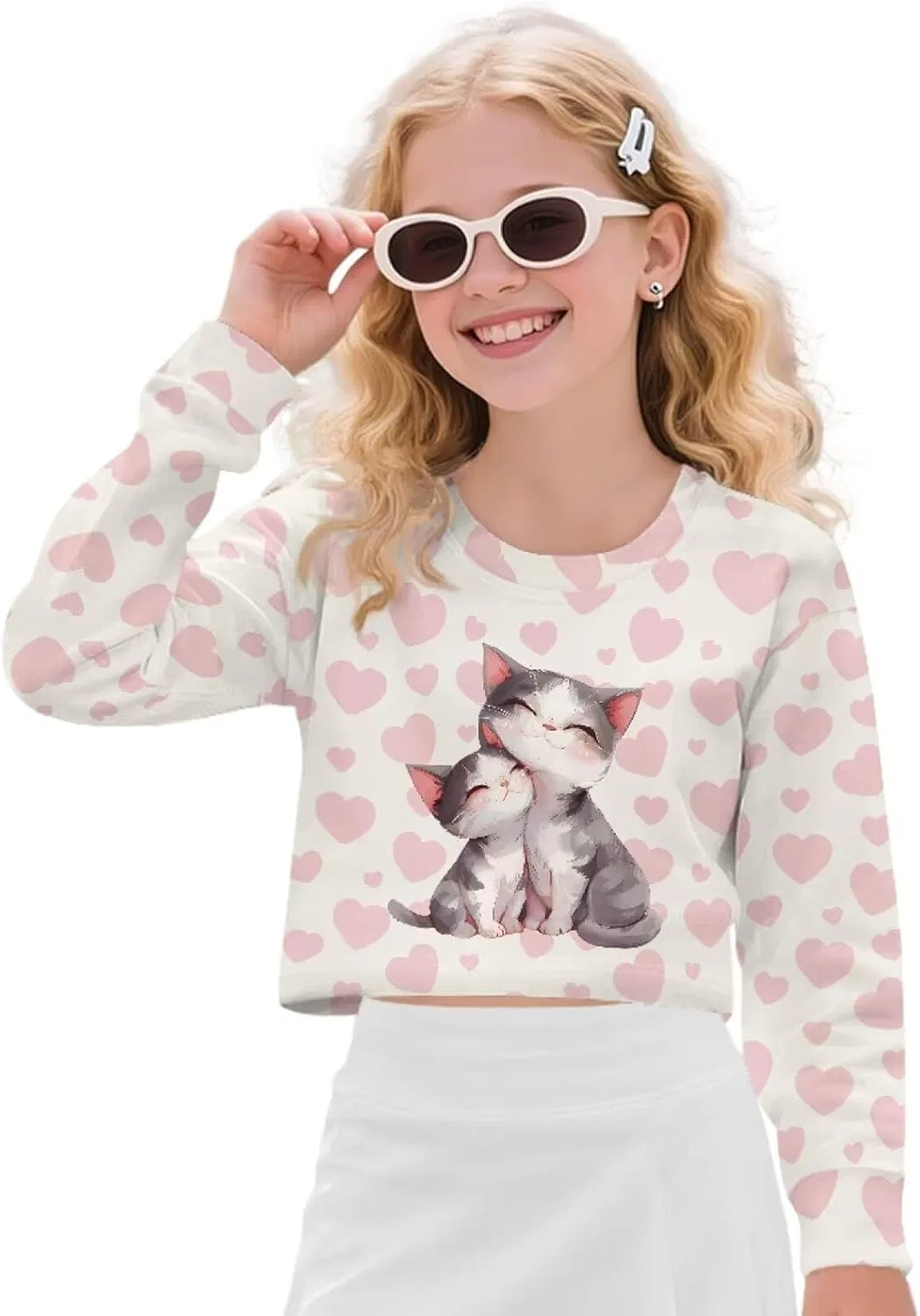 Детский укороченный свитшот с принтом Cat Love Heart, Coldinair, розовый