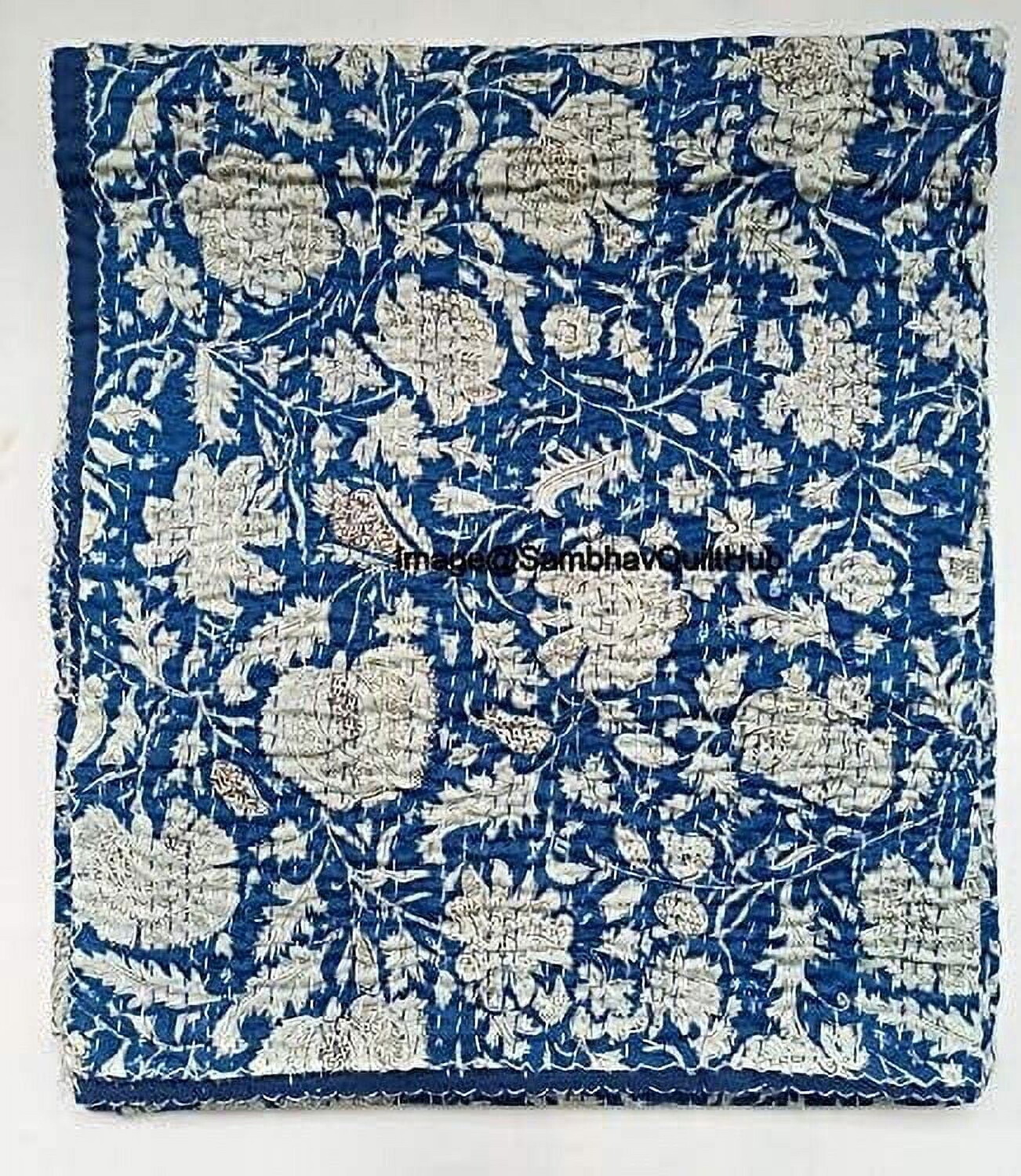 

Одеяло с цветочным принтом Kantha Queen/King Size Sambhav Quilt Hub, синий