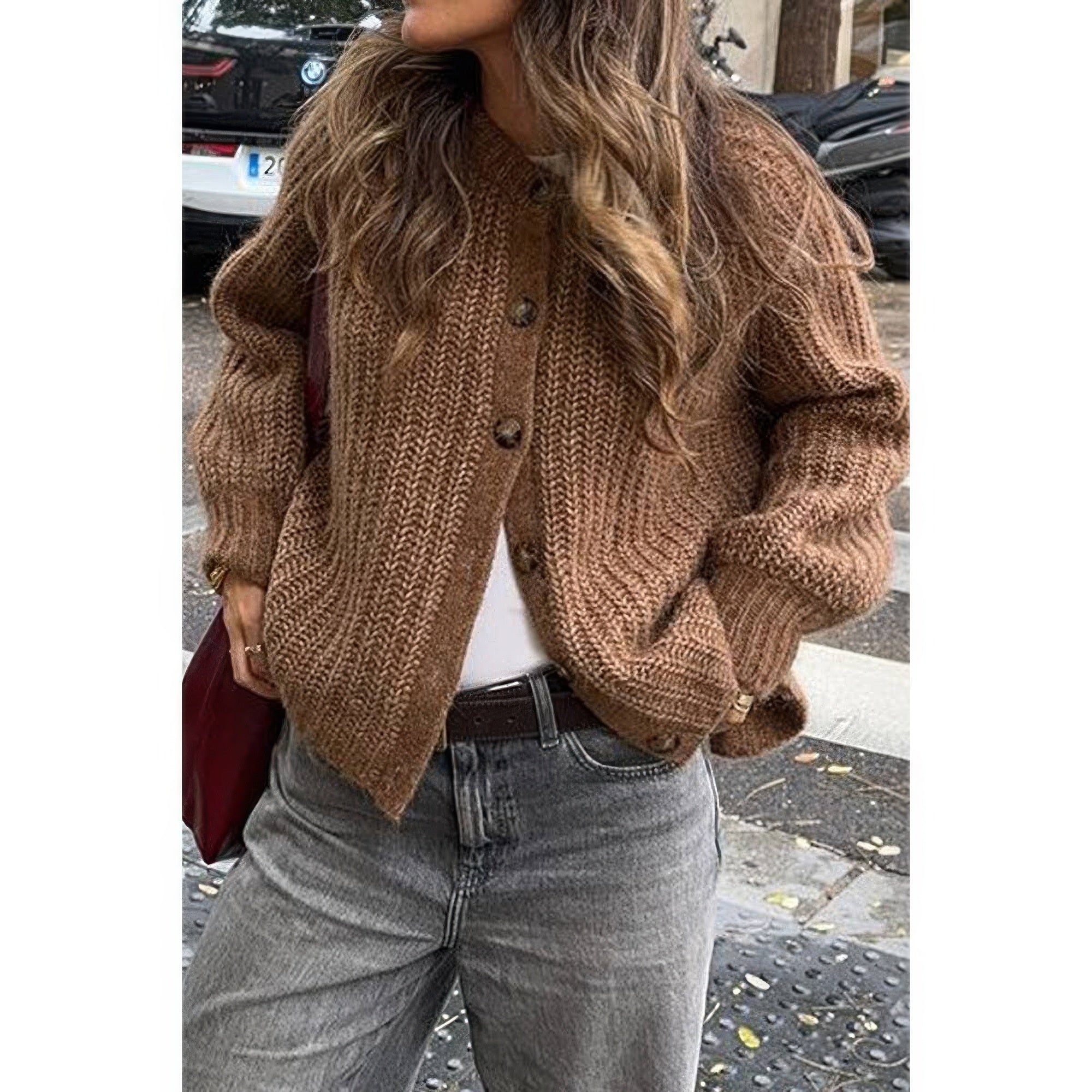 

Мягкий однотонный трикотажный свободный кардиган на пуговицах Truedames, коричневый