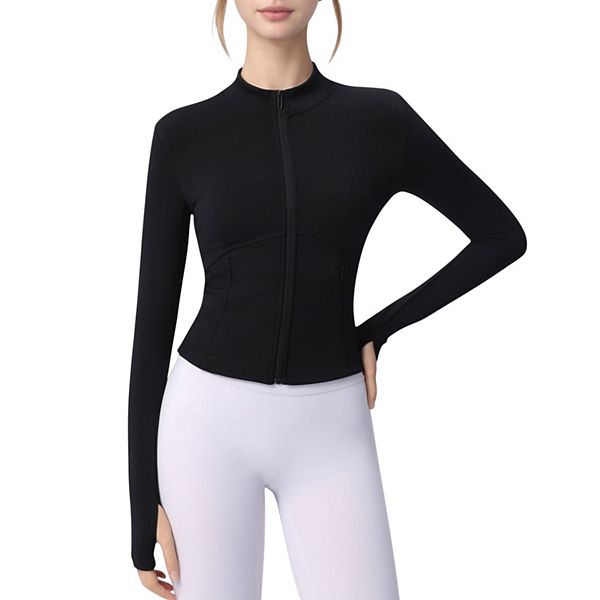 

Женская спортивная куртка с длинным рукавом, молнией на всю длину, отверстиями для большого пальца и приталенным силуэтом Anna-Kaci, Black