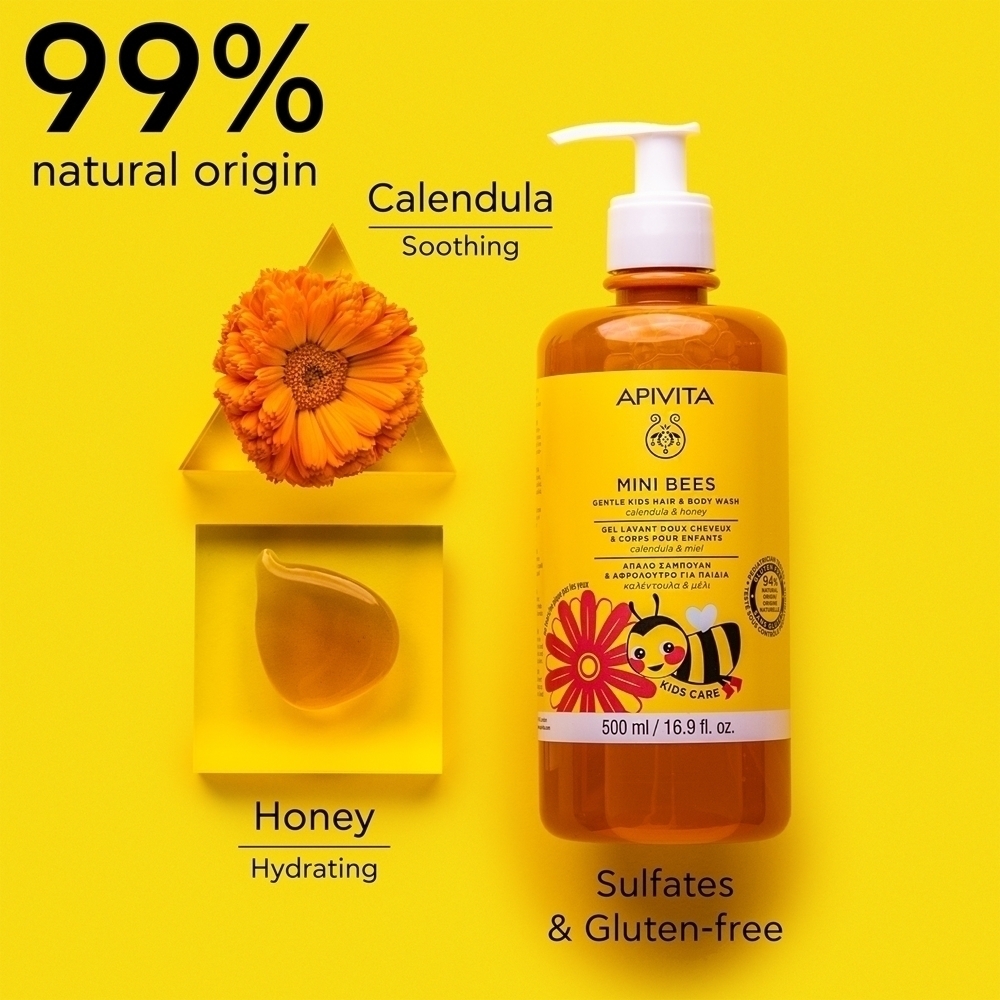 Mini Bees нежный детский гель для мытья волос и тела с календулой и медом для тела и волос Apivita, 500 мл — фото 3