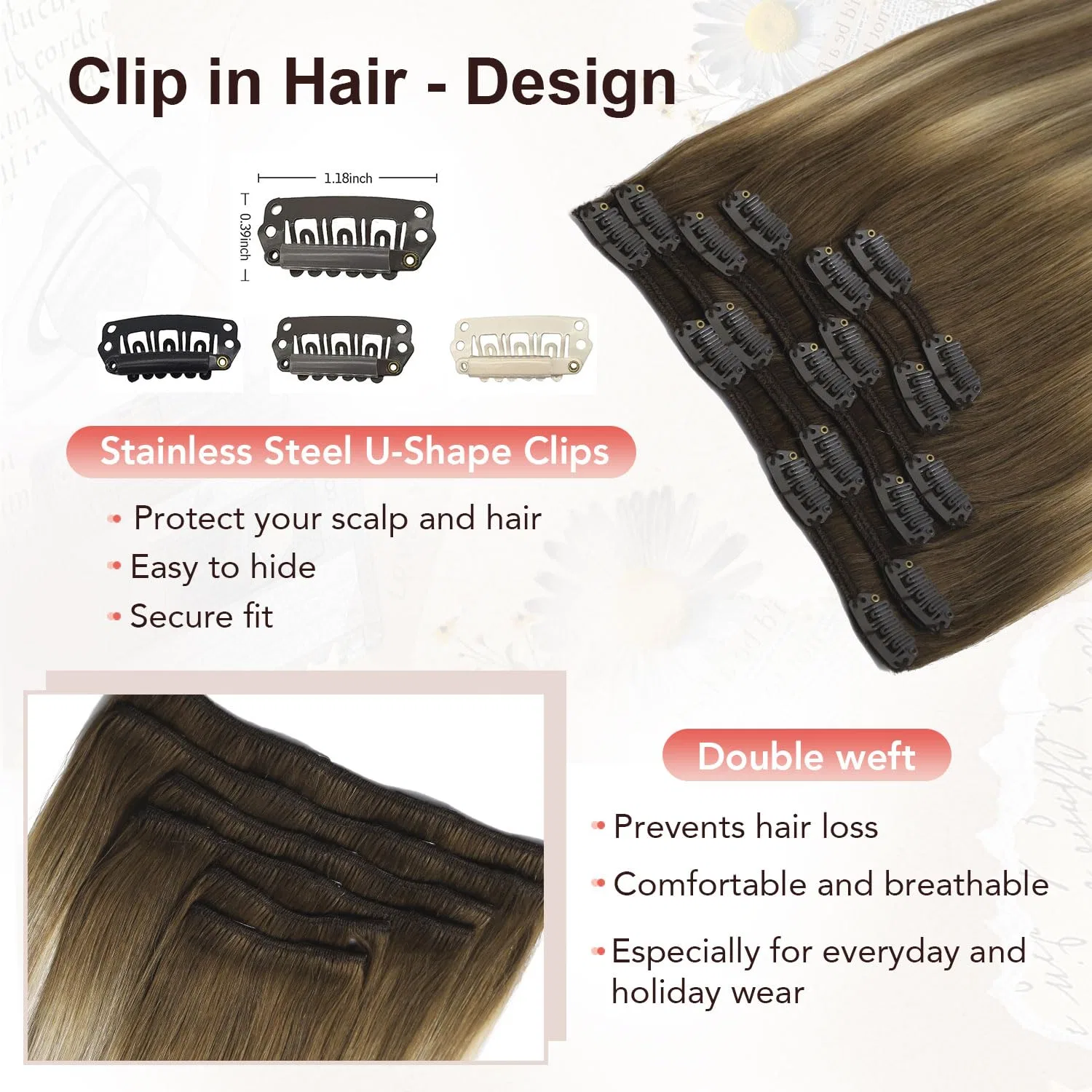 Набор накладных прядей XDhair Clip-In из натуральных волос, 40 см, 100 г Xdhair, #3/8/22 Walnut Brown To Ash Brown And Light Blonde — фото 4