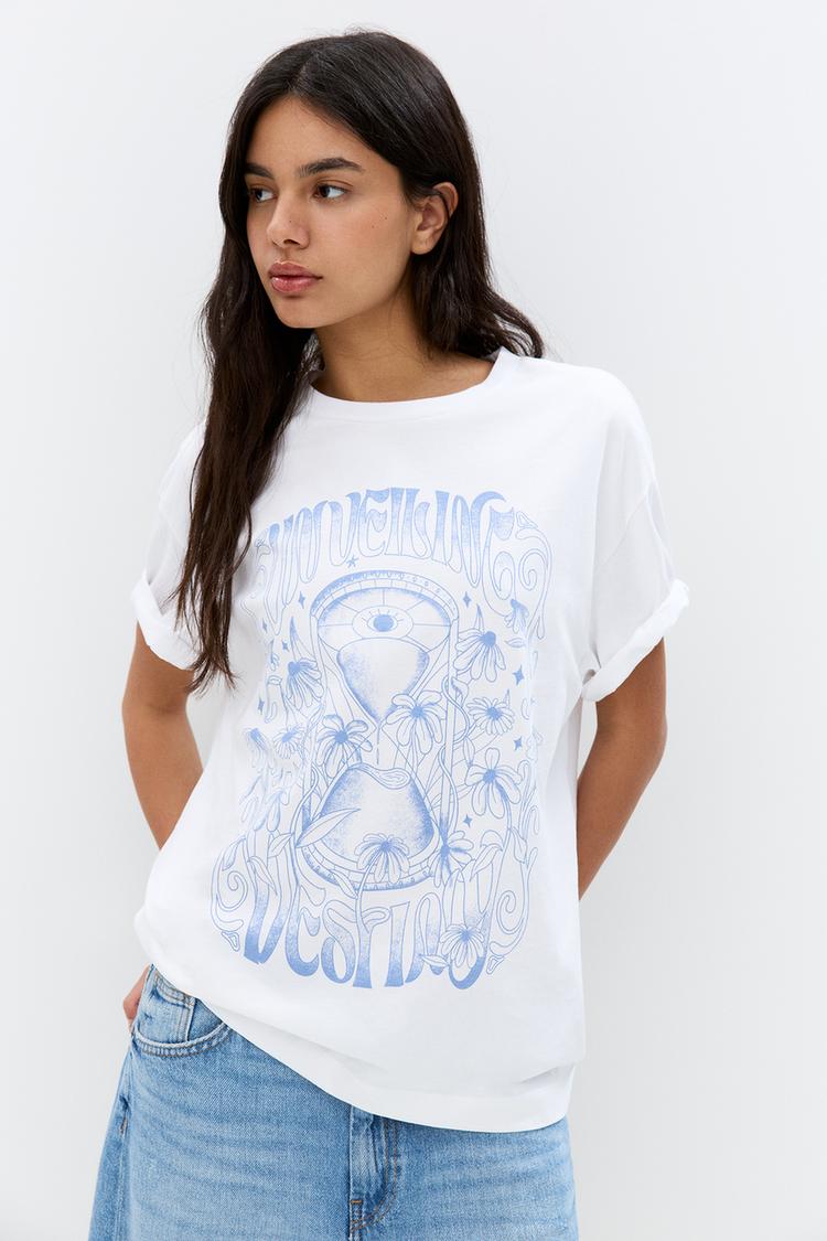 

Футболка оверсайз с эзотерической графикой Pull And Bear, белый