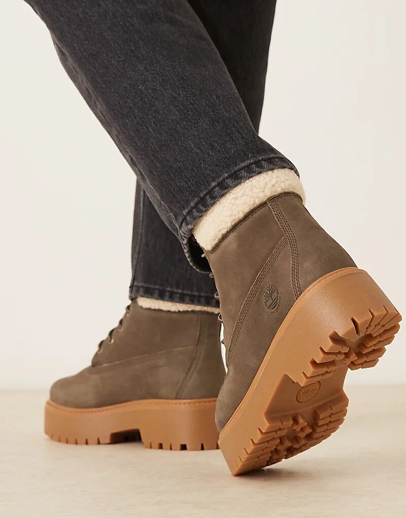 Ботинки Timberland Stone Street на платформе высотой 6 дюймов с подкладкой из искусственного меха темно-коричневого цвета из кожи — фото 4