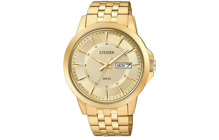 

CITIZEN Часы мужские с кварцевым механизмом, стальной браслет, золотой циферблат BF2013 56P