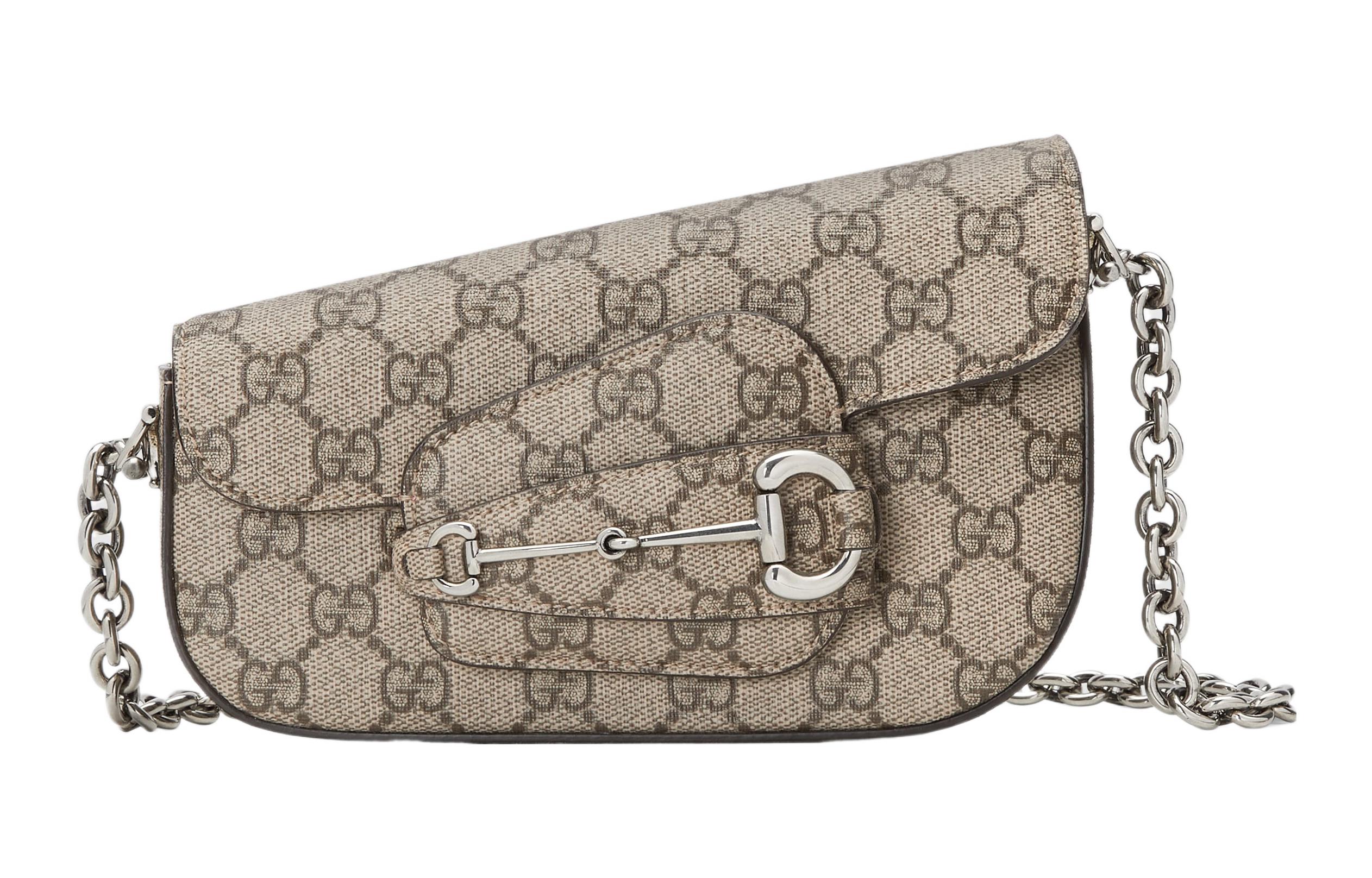 

GUCCI Конвертируемая холщовая сумка через плечо с кожаными вставками и декором Horsebit 1955 бежево-эбенового цвета