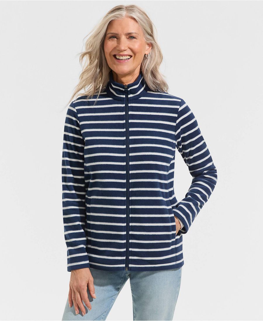 

Женская флисовая куртка на молнии для любой погоды Lands' End, Deep sea navy/ivory stripe