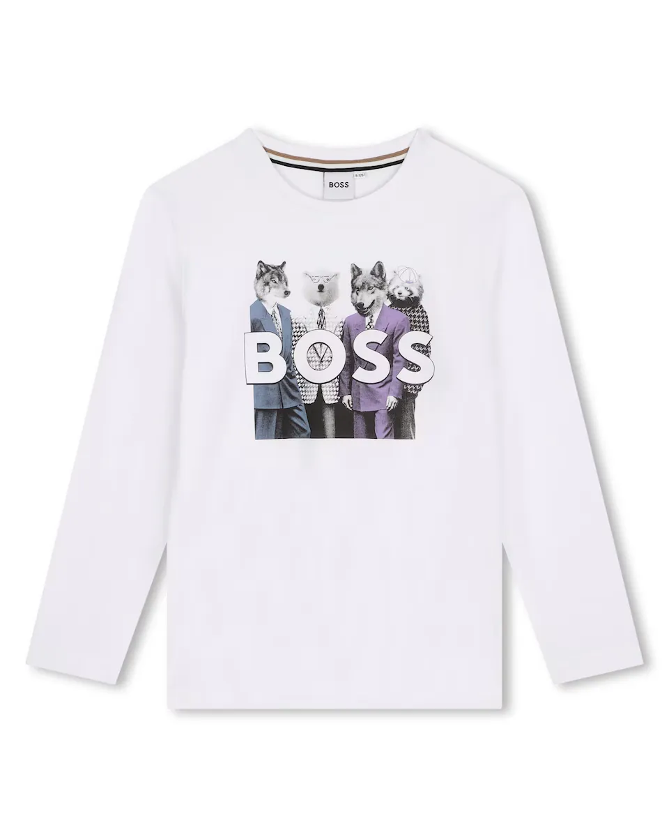 

Футболка для мальчика с длинными рукавами из 100% хлопка BOSS Kidswear, белый