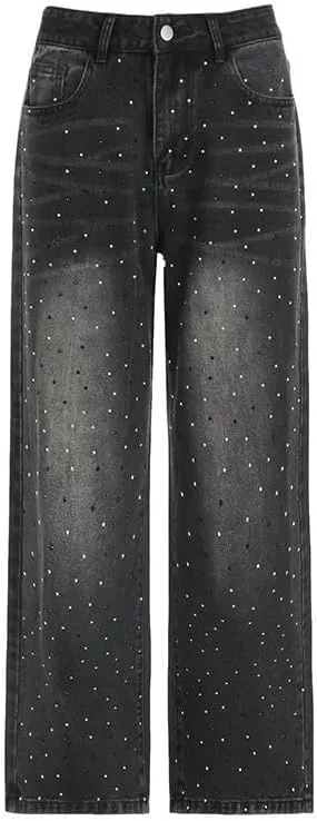 

Женские джинсы wide leg с пайетками high waisted черные oversized