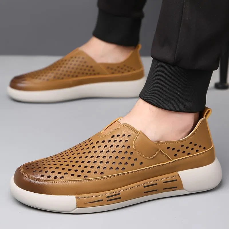Лоферы мужские кожаные, Hands Free, 1-Second Slip On, Arch Support, Orthopedic, Comfortable Walking Shoes, желтый UOPYNE — фото 2