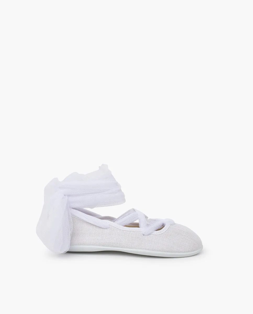 

Детские балетки из льна с перекрестными лямками и фатином Pisamonas, белый