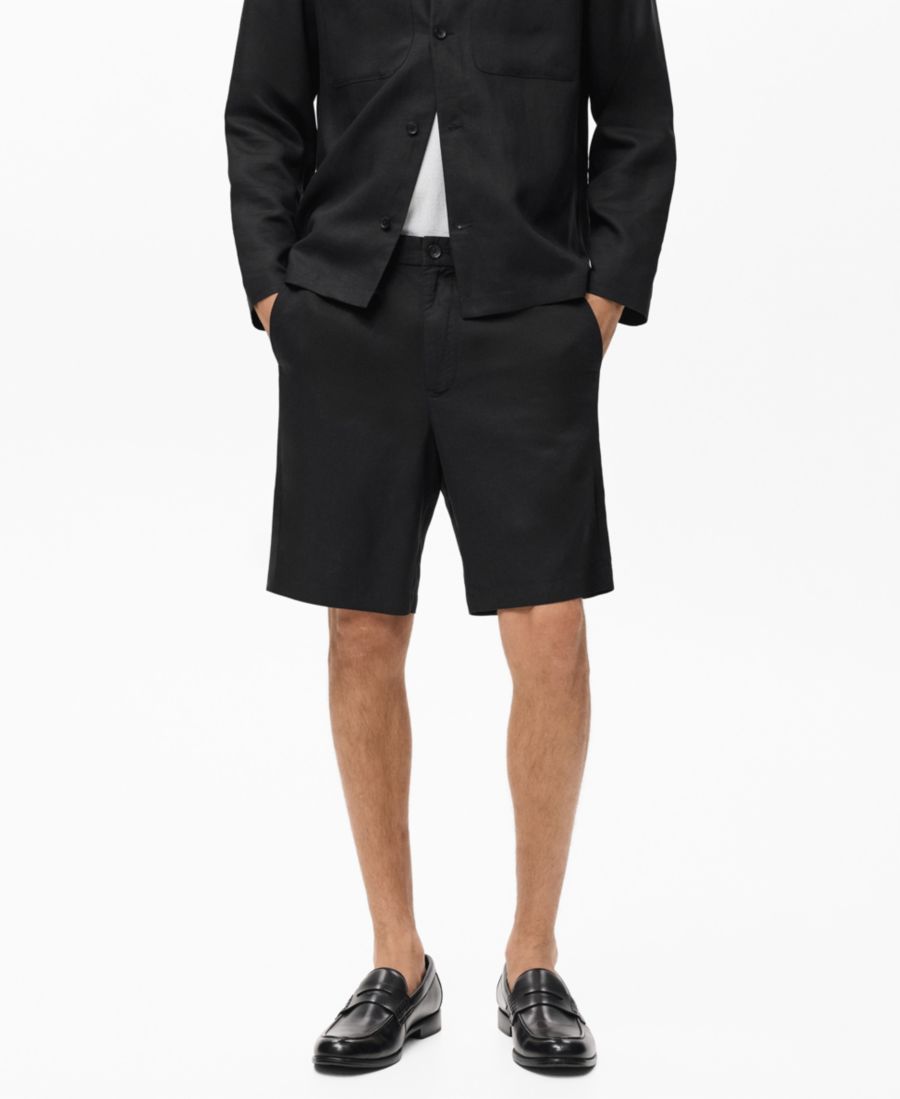 

Мужские льняные шорты-бермуды с эластичным поясом, длина 23 см MANGO, Black