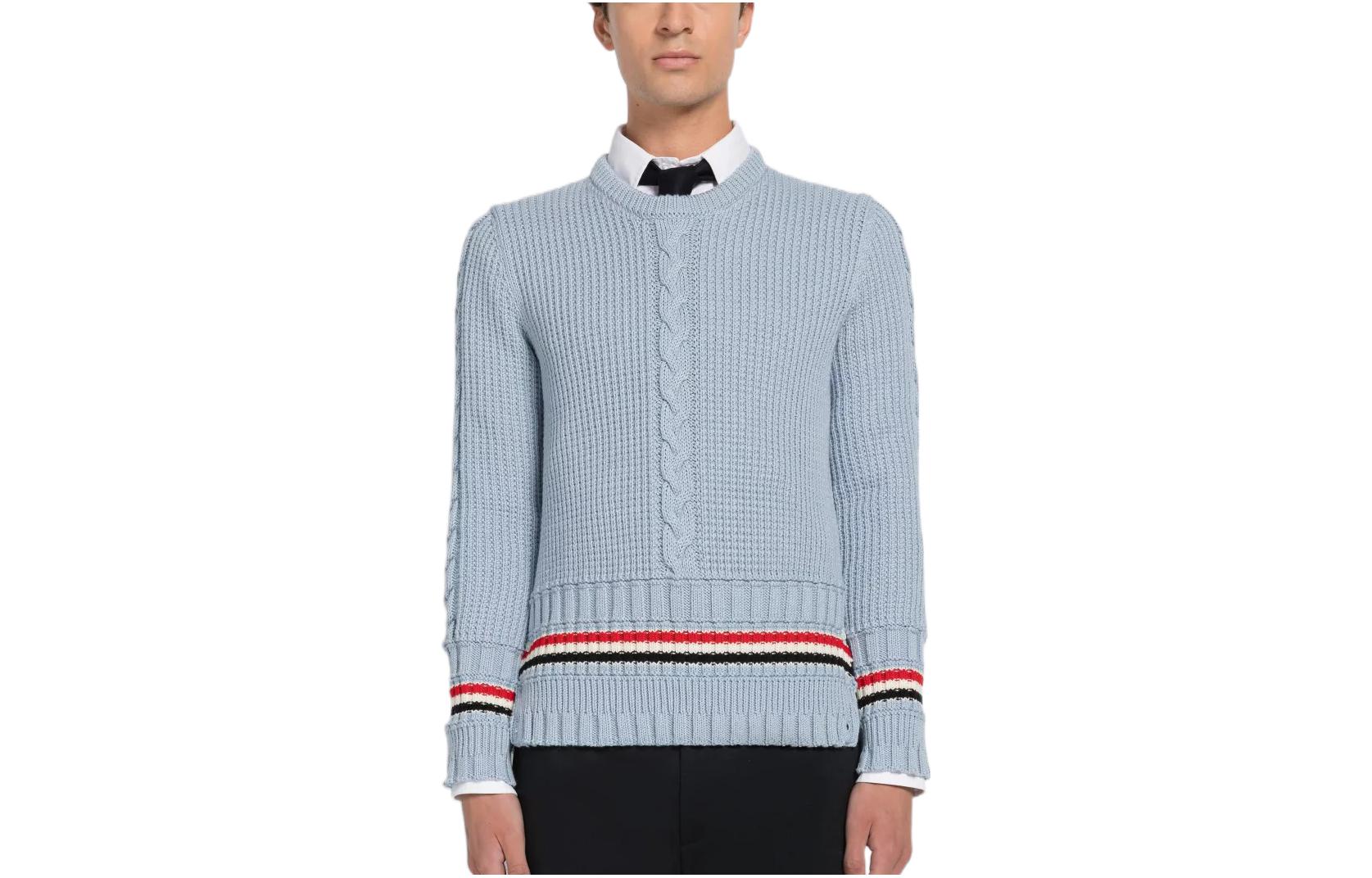 

RWB-Stripe Вязаный джемпер с косами THOM BROWNE, светло-голубой