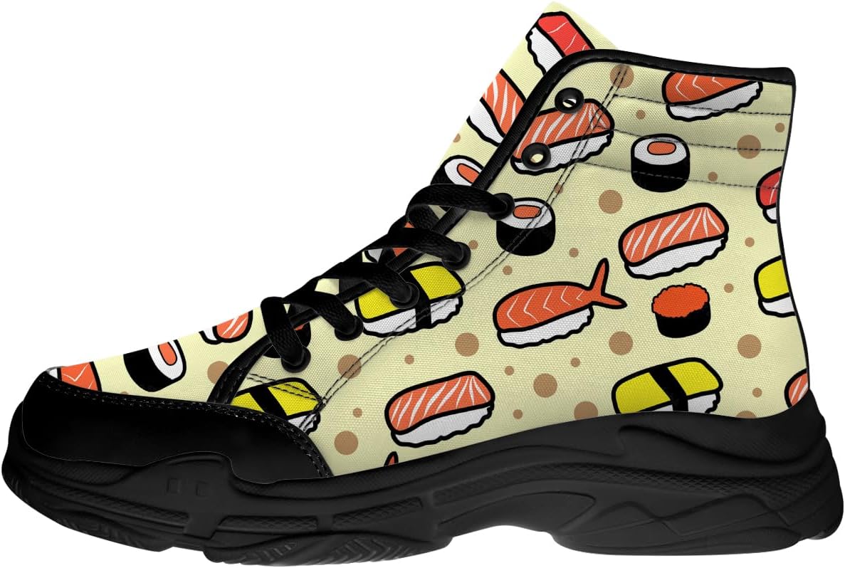 

Кеды на высокой подошве с принтом суши для мужчин и женщин, парусиновые платформенные туфли на шнуровке, подарки для нее и для него Generic, черный/желтый