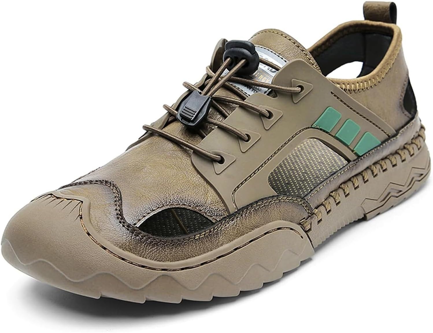 

Мужские летние сандалии из натуральной кожи, дышащие, с отверстиями, спортивные, повседневные с закрытым носком, для улицы, рыбацкие, пляжные, водонепроницаемые, противоскользящие, на плоской подошве, для пеших прогулок Generic, хаки