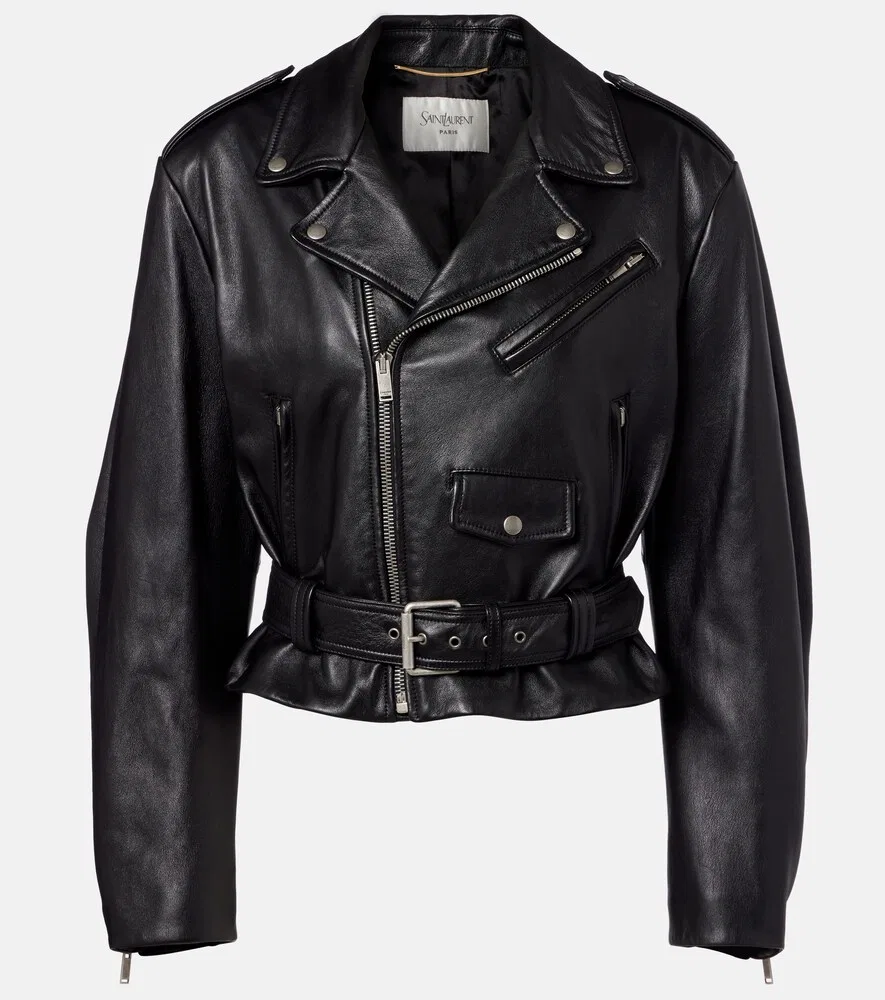 Укороченная кожаная байкерская куртка Saint Laurent, черный