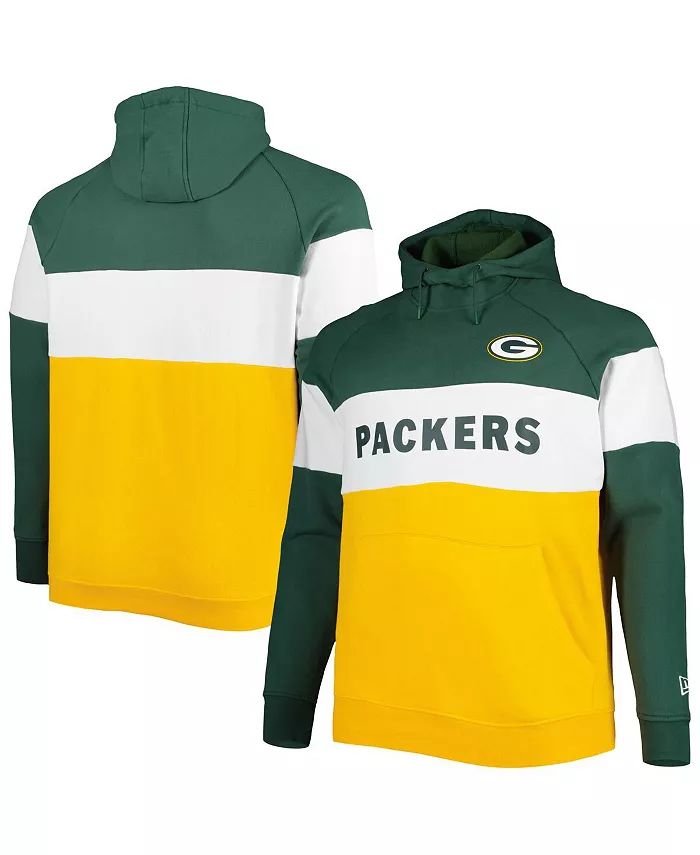 

Мужская зеленая, золотая флисовая толстовка с капюшоном Green Bay Packers Big and Tall Current Team Colorblock с регланами New Era
