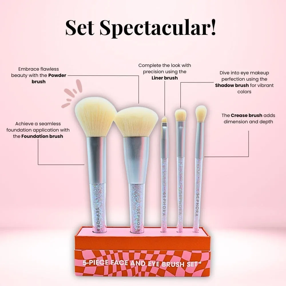 Набор кистей для макияжа 5 предметов Sephora Collection с блестящими ручками — фото 4