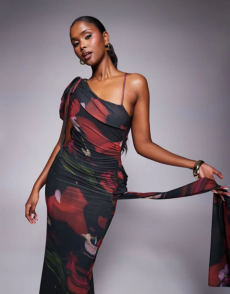 

Платье макси ASOS DESIGN из эластичного шифона с асимметричной драпировкой, воротником-хомутиком на спине и поясом с темным цветочным принтом