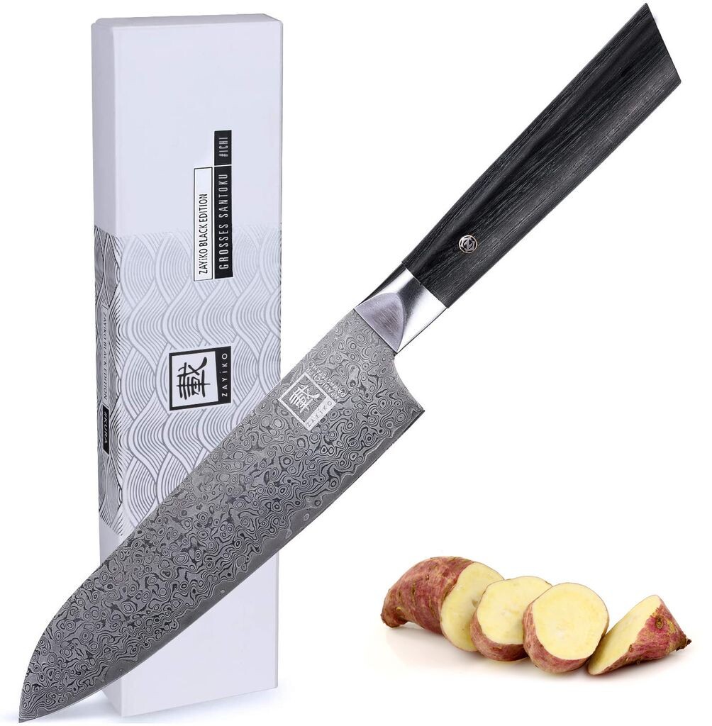 

Zayiko Black Edition Santoku I Лезвие 18 см I Темный дамасский цвет I Дерево Пакка