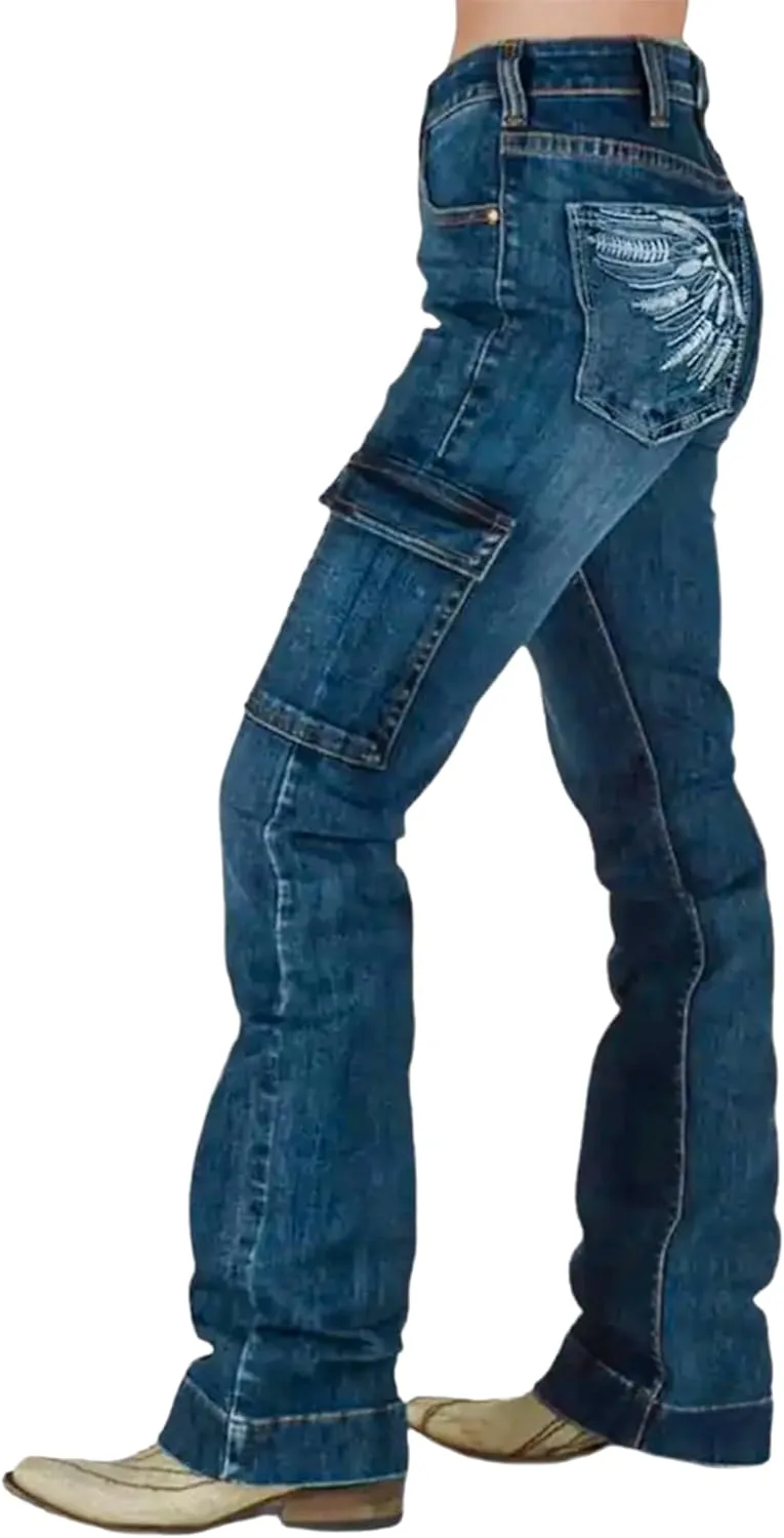 

Джинсы Bootcut для женщин Mid Rise с вышивкой и накладными карманами Xadsfeel