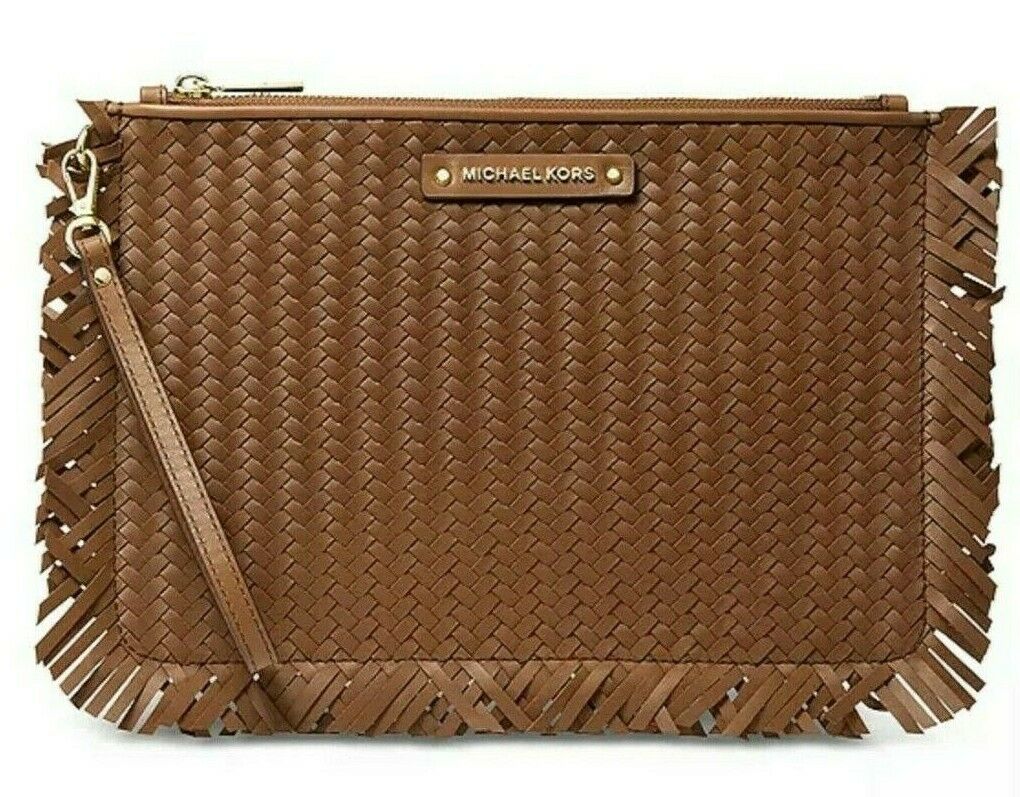 

Michael Kors Jet Set плетеный кожаный большой клатч Zi ouch с запястьем и подарочной коробкой, цвет luggage