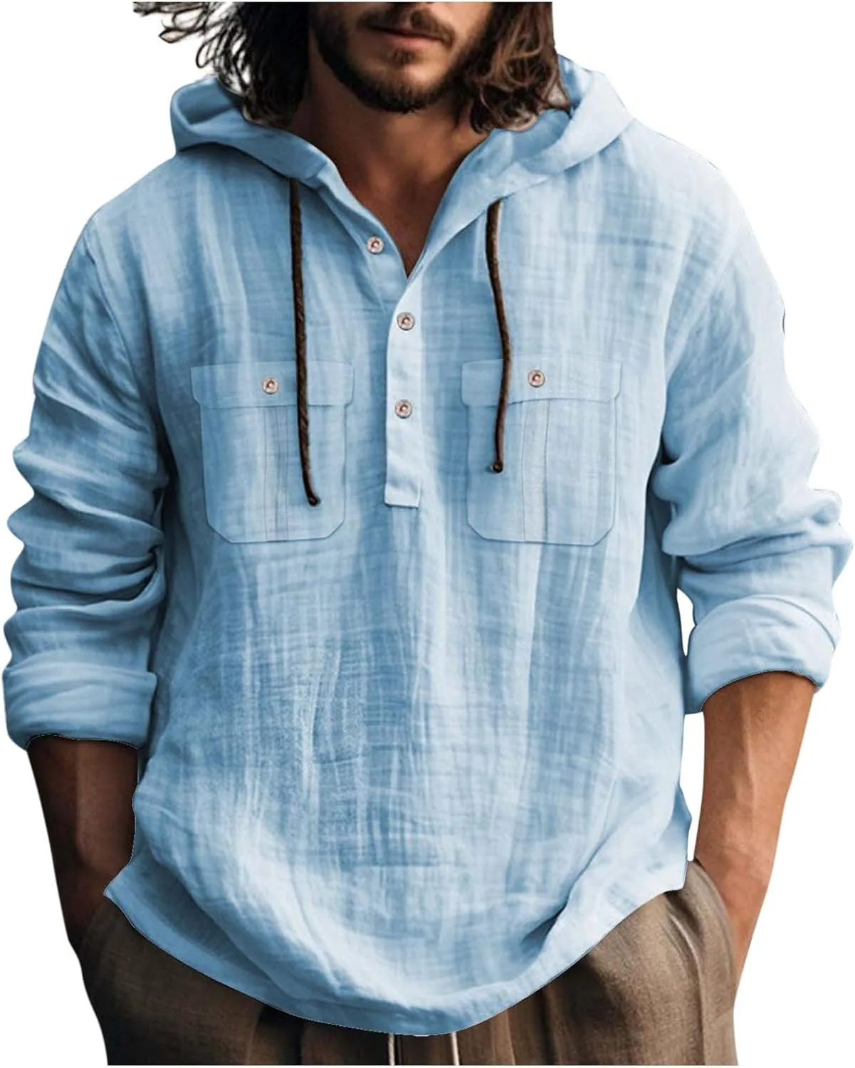 

Мужской худи с длинным рукавом и воротником-стойкой из льна