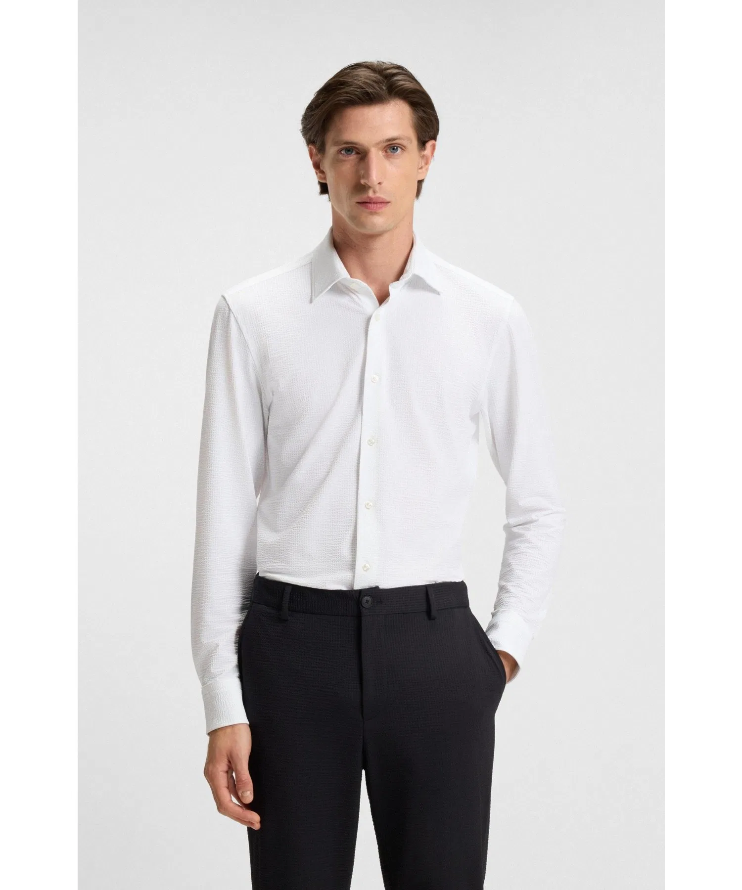 Мужская рубашка BOSS slim fit из стретч-сирсакера