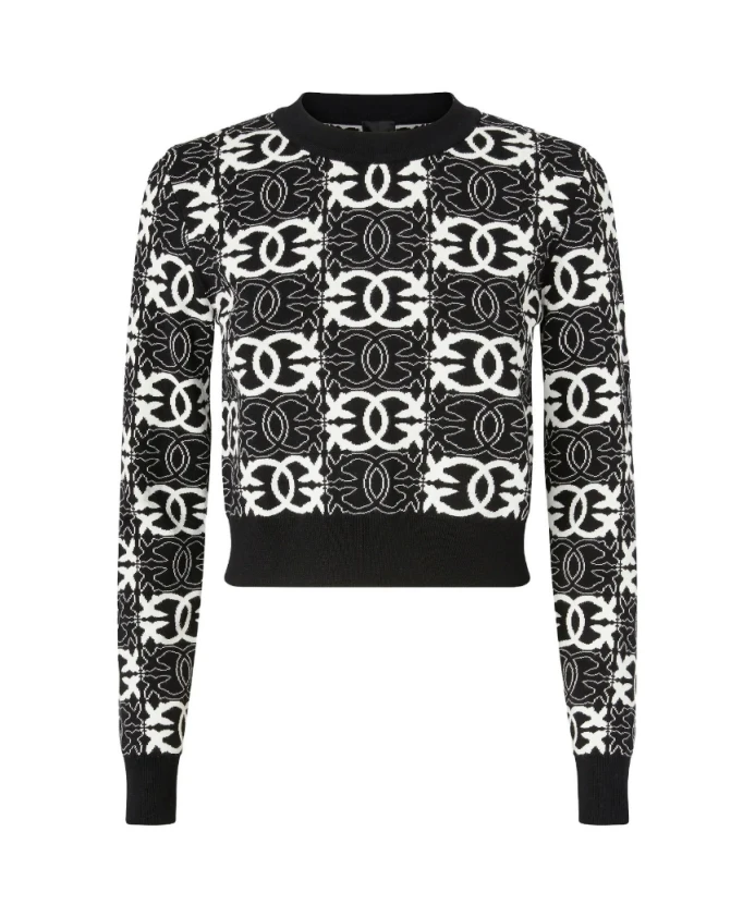 

Укороченный жаккардовый свитер с изображением влюбленных птичек Pinko, черный