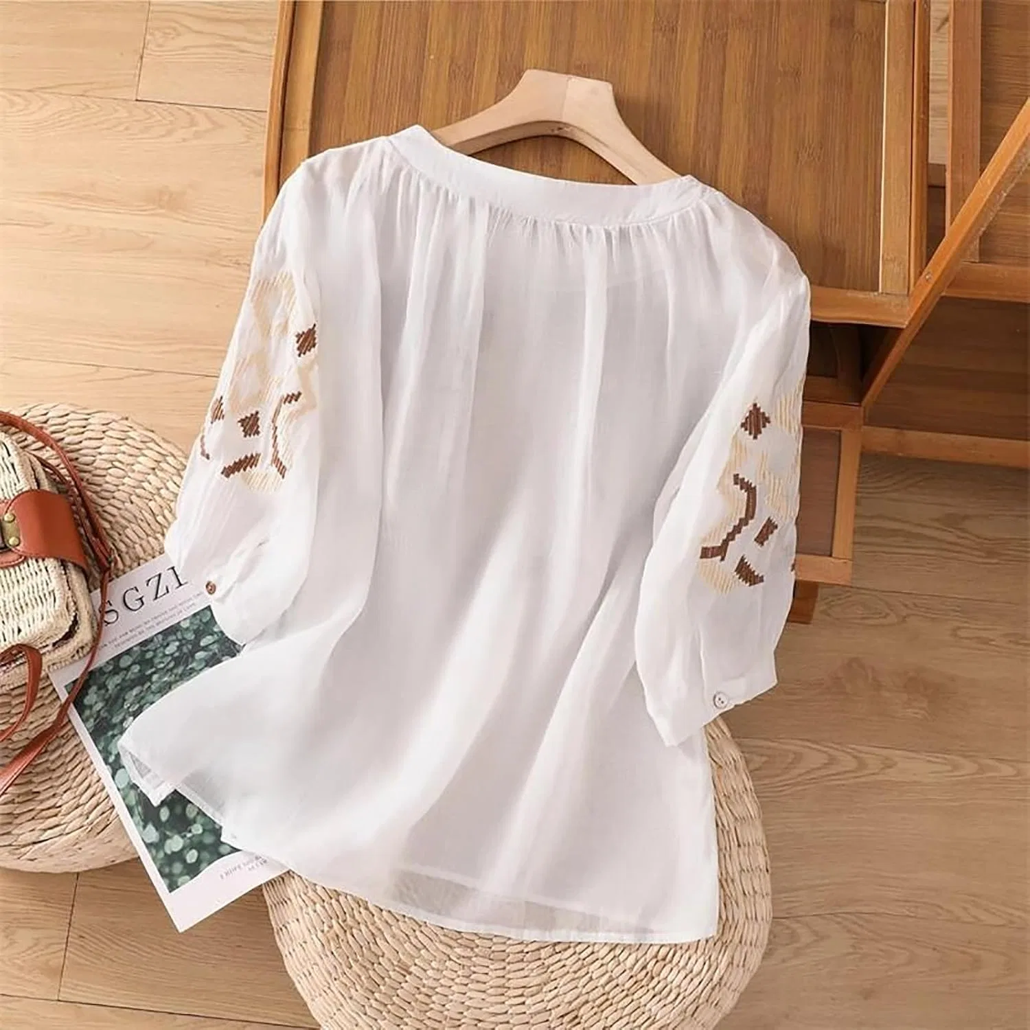 Блуза из льна и хлопка с длинным рукавом 7/8, свободная, Linen Shirts for Women, белый — фото 2