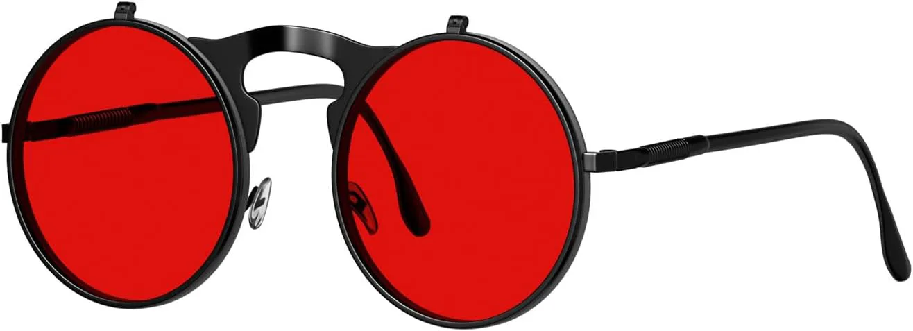 

Унисекс ретро-солнцезащитные очки в стиле 80-х/90-х, круглые, с откидными линзами, в стиле стимпанк и рейв, с двойными линзами Yvey, Black Frame/ Red Lens