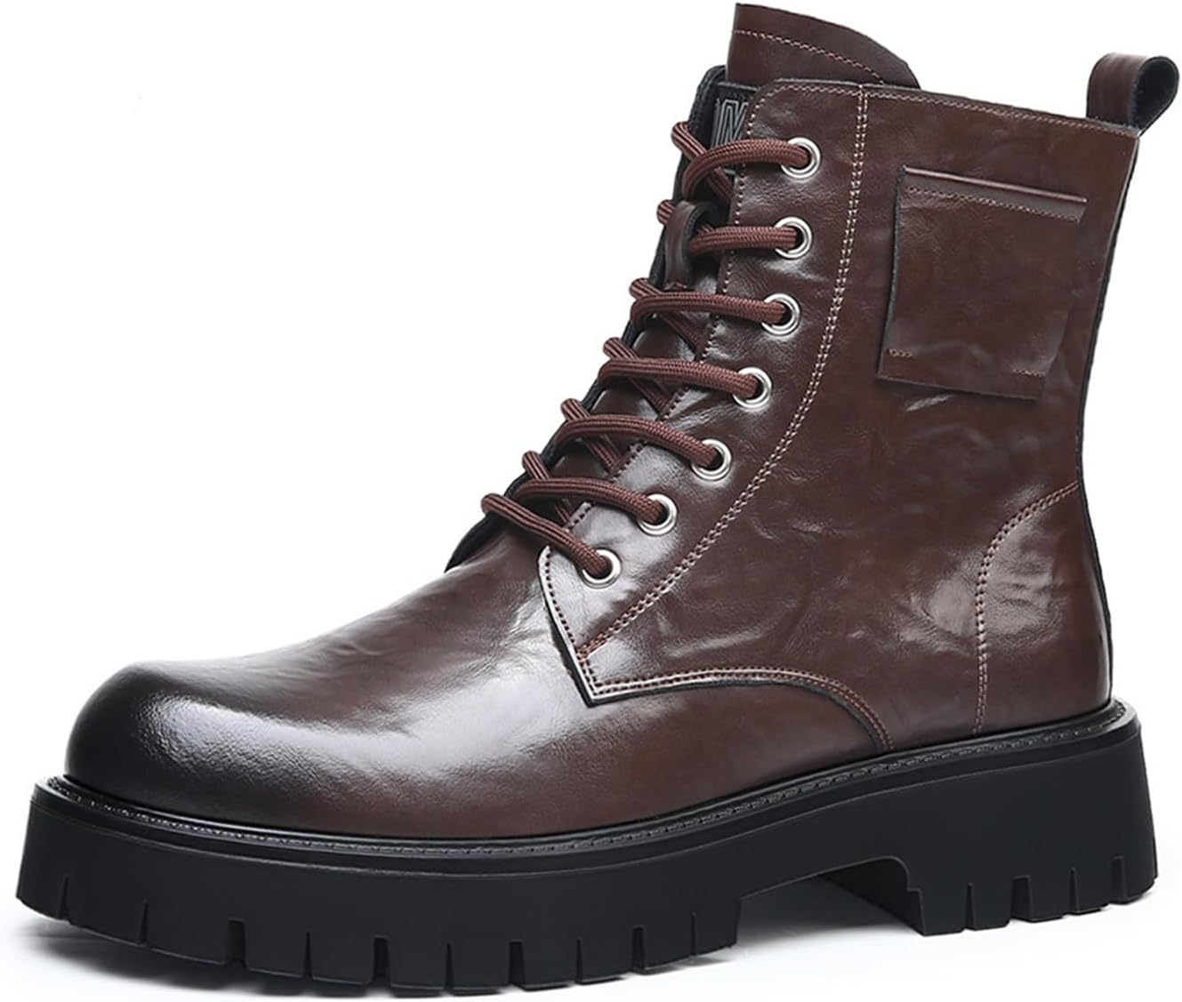 

Мужские кожаные ботинки на шнуровке с платформой, широким носком, противоскользящей подошвой с протектором, боковой молнией, на устойчивом каблуке, мотоциклетного типа, для повседневной носки, бизнеса и работы Mikazonne, коричневый