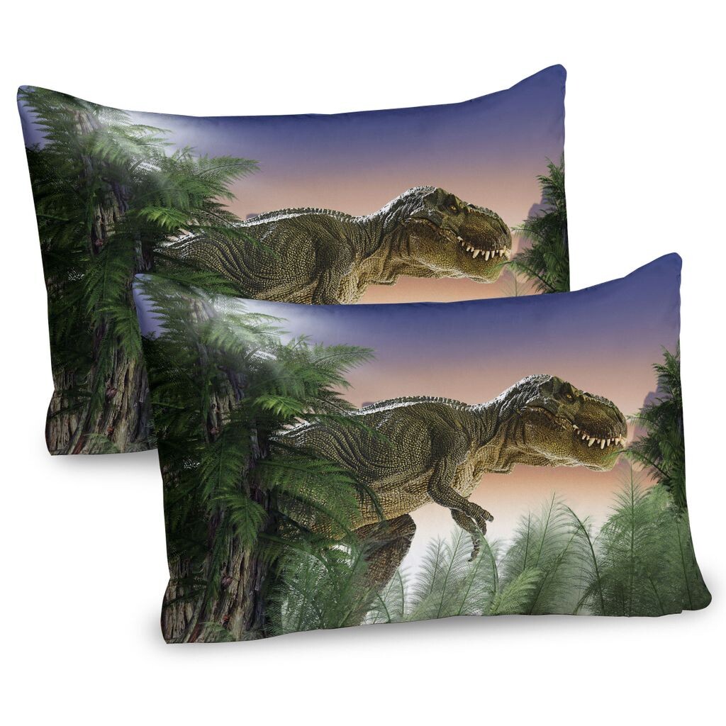 

Чехлы на подушку ABAKUHAUS Jurassic, набор из 2 шт., «Динозавры в джунглях, деревья, лес, природа, лес, страшное насилие хищников», чехлы на подушки с декоративным принтом, 80 x 40 см, зеленый, синий, персиковый
