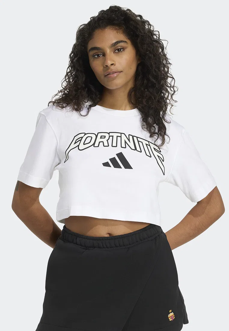 Футболка укороченная, коллаборация с Fortnite, adidas, белый