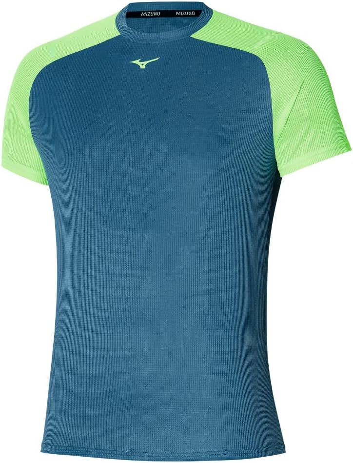 

Мужская футболка Mizuno J2MAA004 с коротким рукавом из материала Dry Aeroflow, экологичная, дышащая, со светоотражающими элементами Aurora, синий