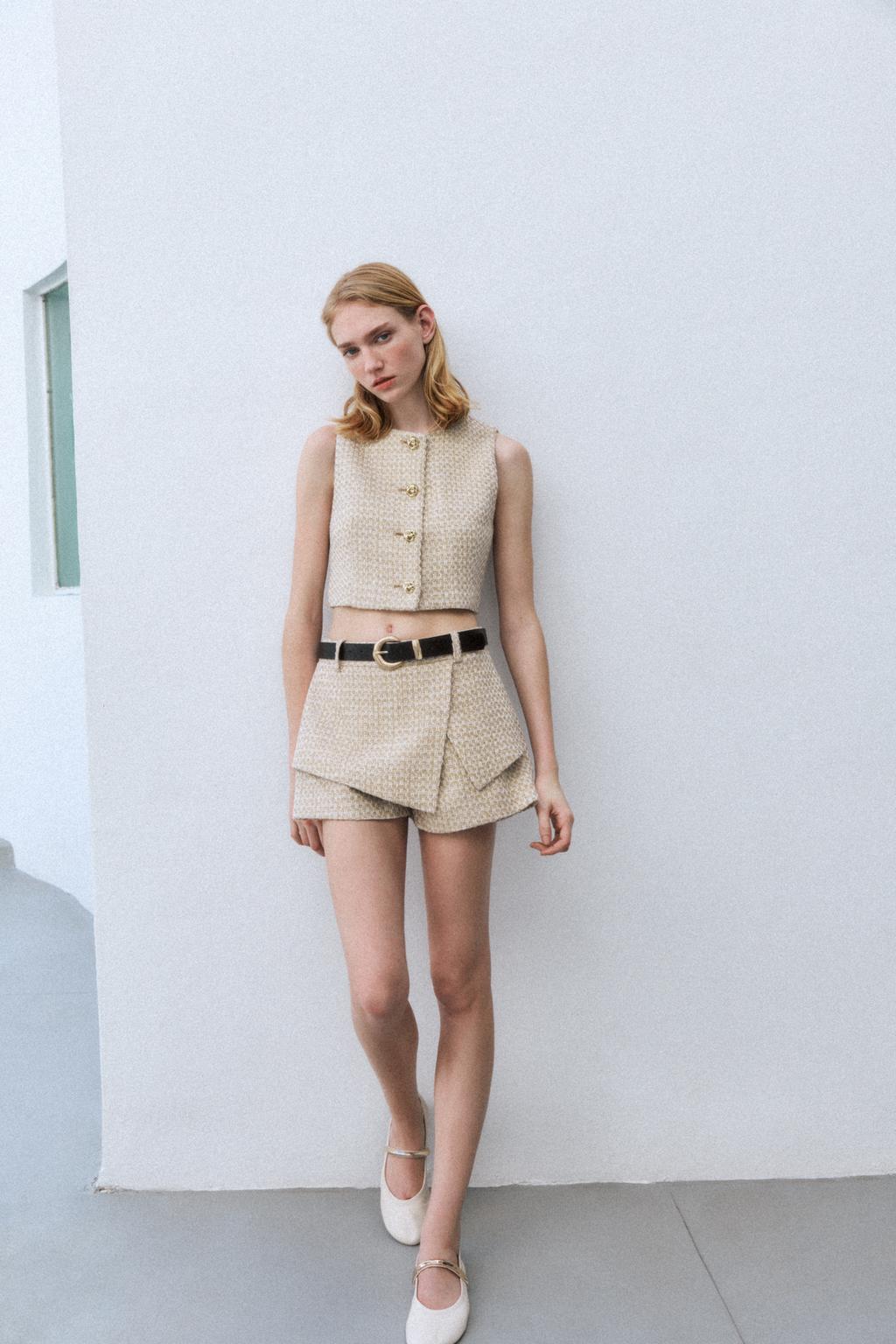 

Текстурированная юбка с поясом ZARA, цвет Ecru/Beige