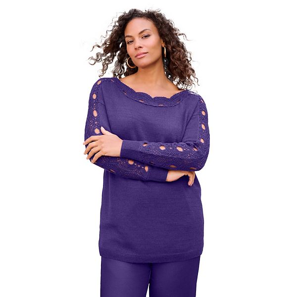 

Женский пуловер с ажурными рукавами plus size Roaman'S, Midnight Violet