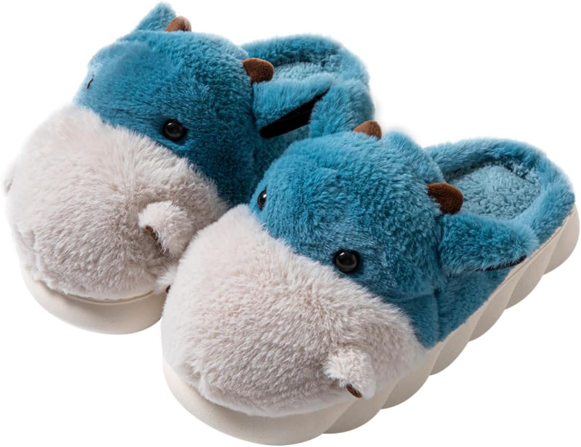 

Тапочки для женщин и мужчин Baiyuruodie с рисунком животного - гиппопотам, устойчивые к скольжению и теплые, синий