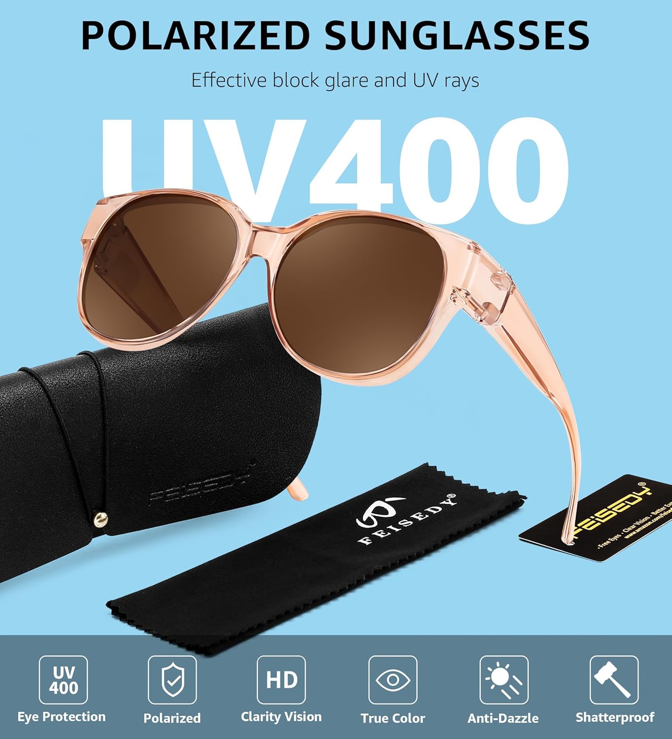 

Солнцезащитные поляризованные очки FEISEDY Fit Over Glasses с защитой от УФ-излучения UV400 для вождения и активного отдыха на открытом воздухе B0328, Transparent Tea Frame & Tea Lens