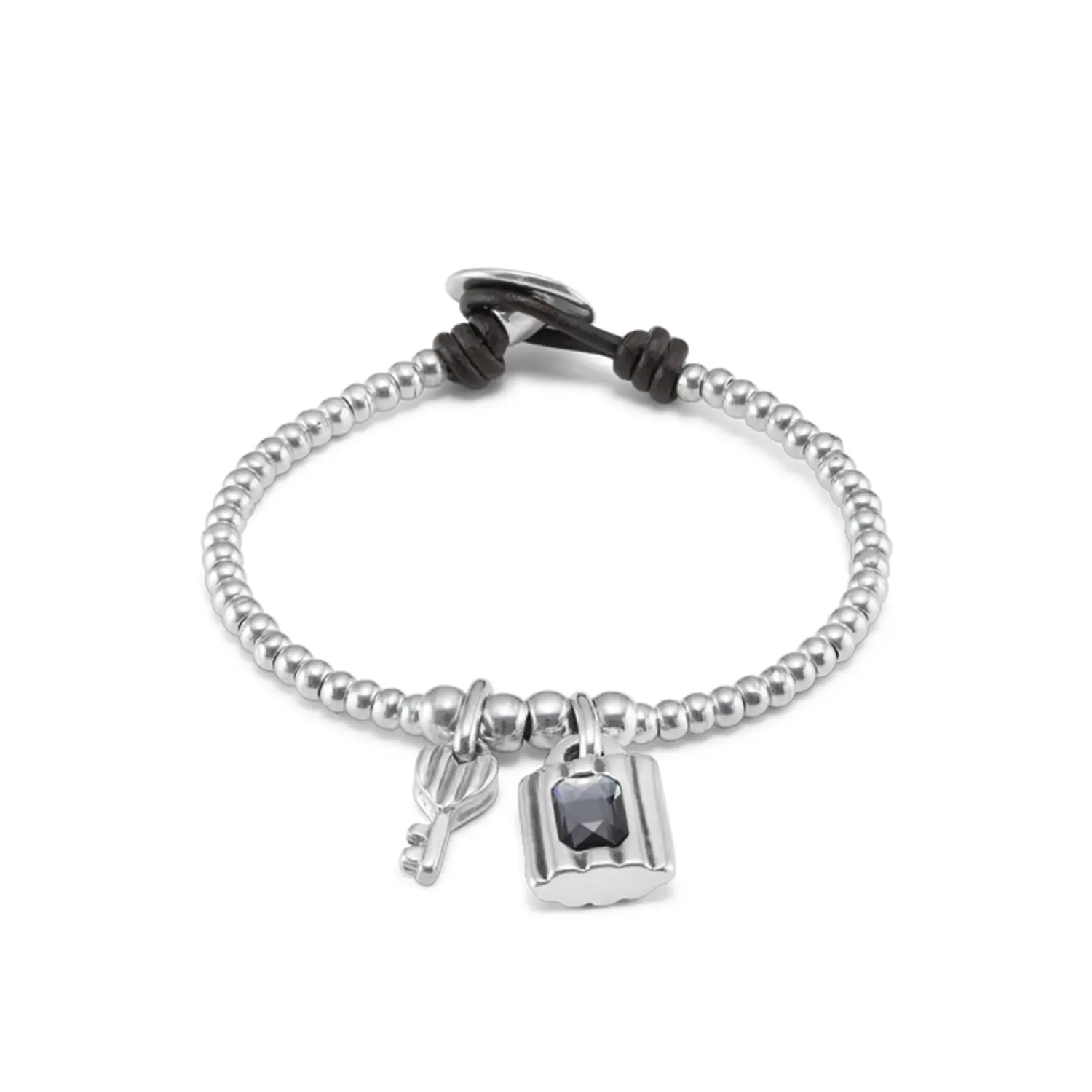 

Браслет из сплава металла с покрытием из стерлингового серебра. Подвески с центральным замком и ключом. Unode49, серо-серебристый