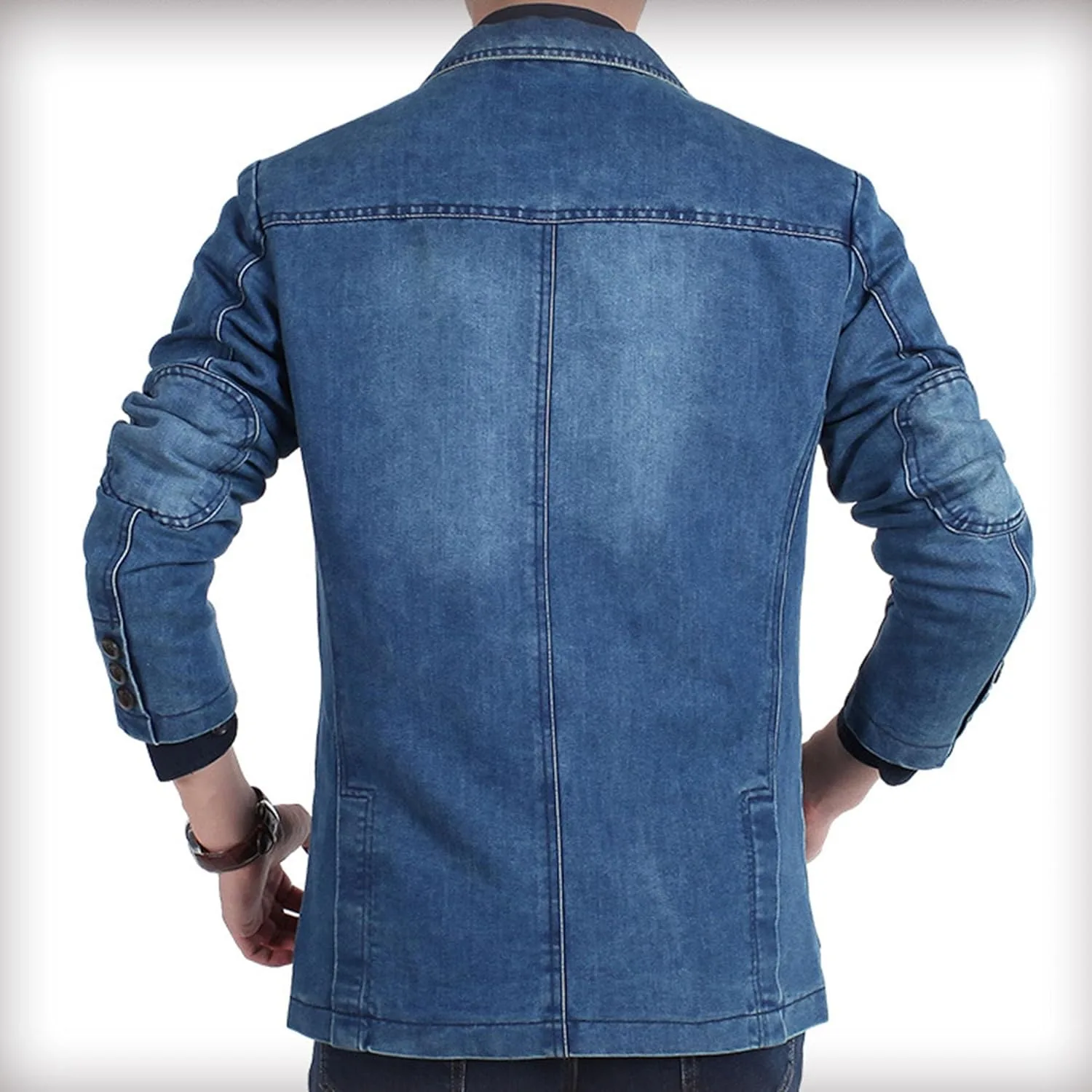 Мужская повседневная джинсовая куртка на 2 пуговицах Slim Fit, классический джинсовый блейзер, легкий деловой блейзер спортивного кроя Generic, синий — фото 2