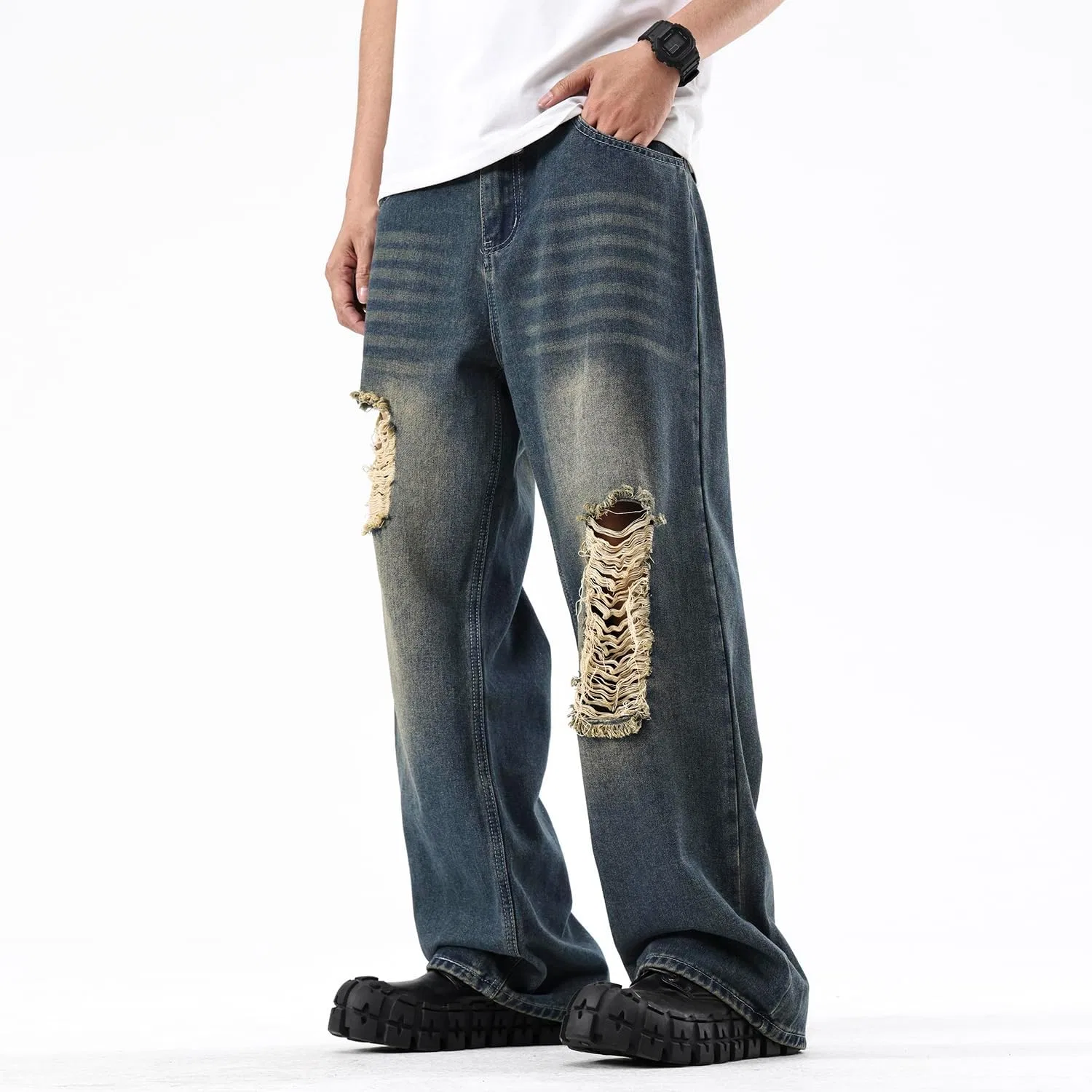 Джинсы свободные мужские Ripped Baggy Jeans, Retro Blue — фото 4