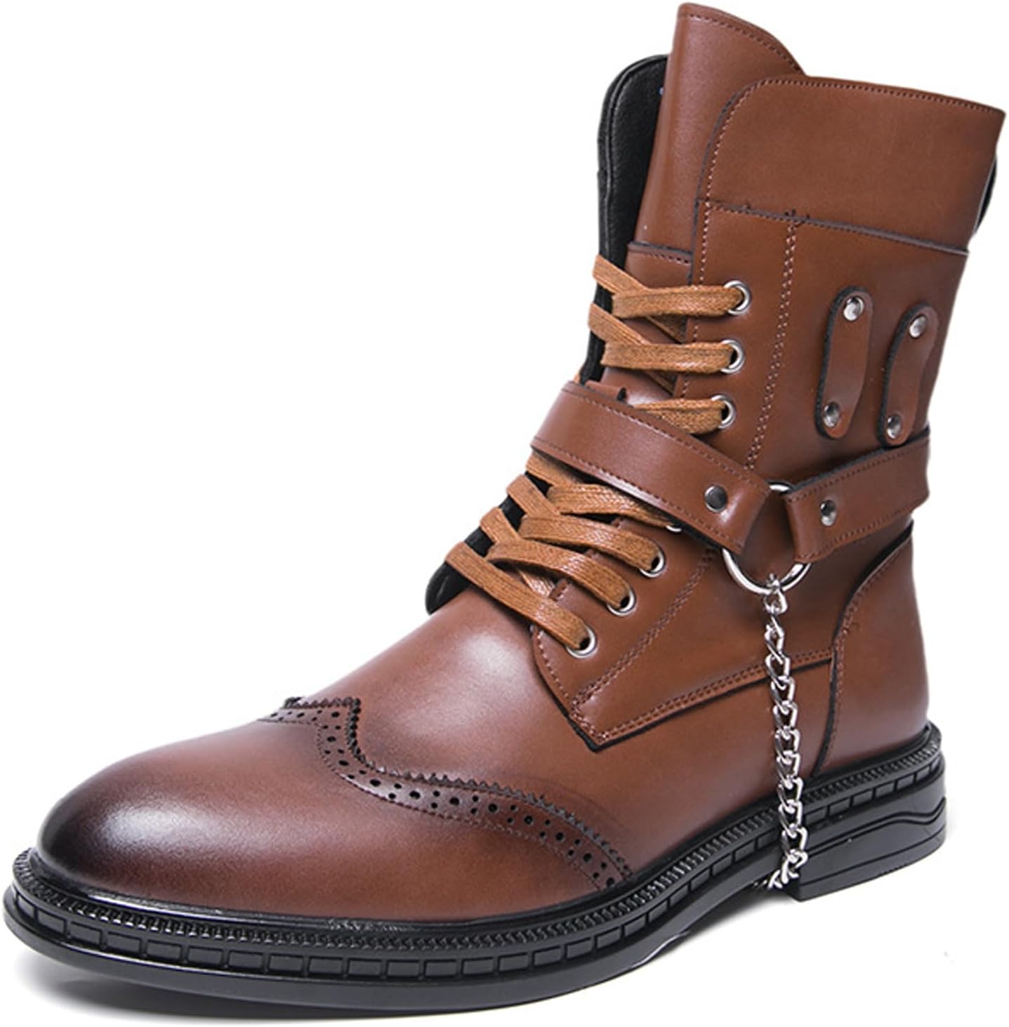 

Мужские кожаные ботинки AZAGNEEM с высокой шнуровкой, цепочкой, комфортной круглой ноской, модной боковой молнией, броги, водонепроницаемые, противоскользящие, для делового повседневного стиля, ретро, коричневый