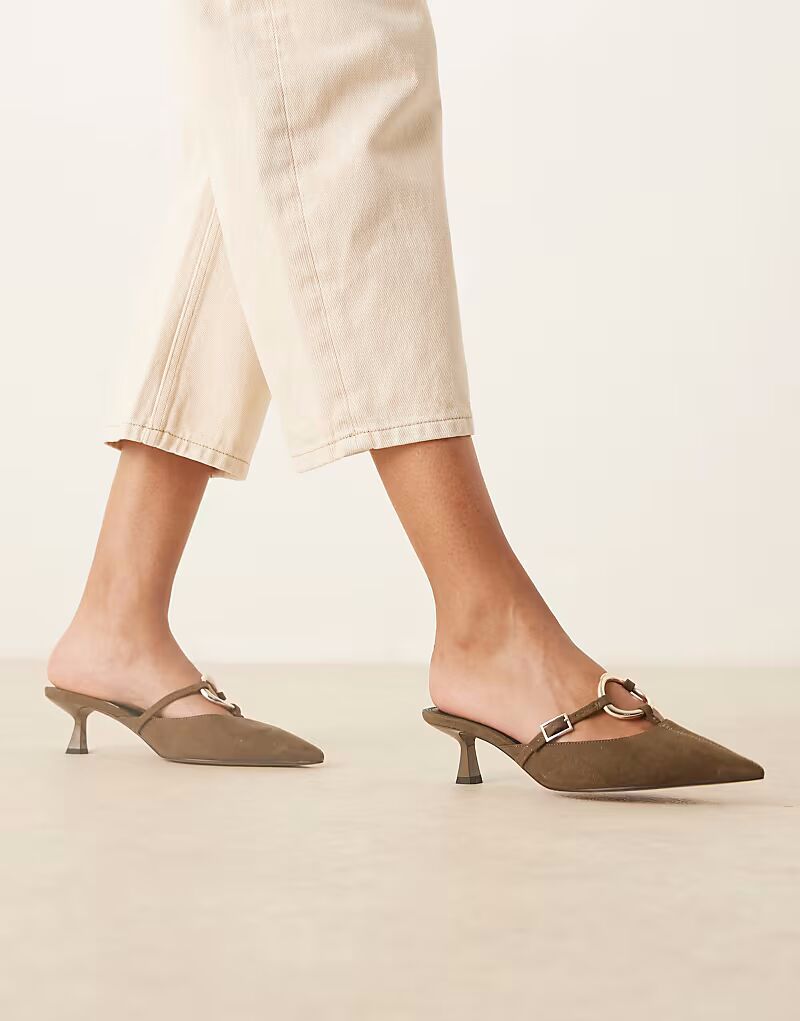 Туфли-мюли ASOS DESIGN Shay на каблуке-рюмочке из замши цвета хаки с кольцевой отделкой — фото 3